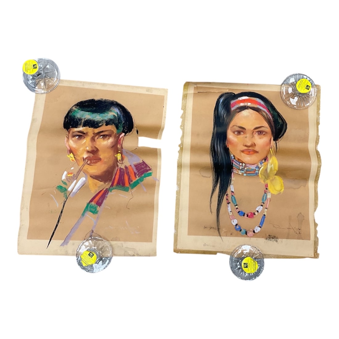 Pair of Portrait Paintings by Antonio Dumlao (Filipino, 20th Century), Signed and Dated 1952: A pair of hand-painted portrait studies on paper by Antonio Dumlao, each signed and dated 1952. The works depict figures in traditional attire, rendered with expressive brushwork and rich coloration.