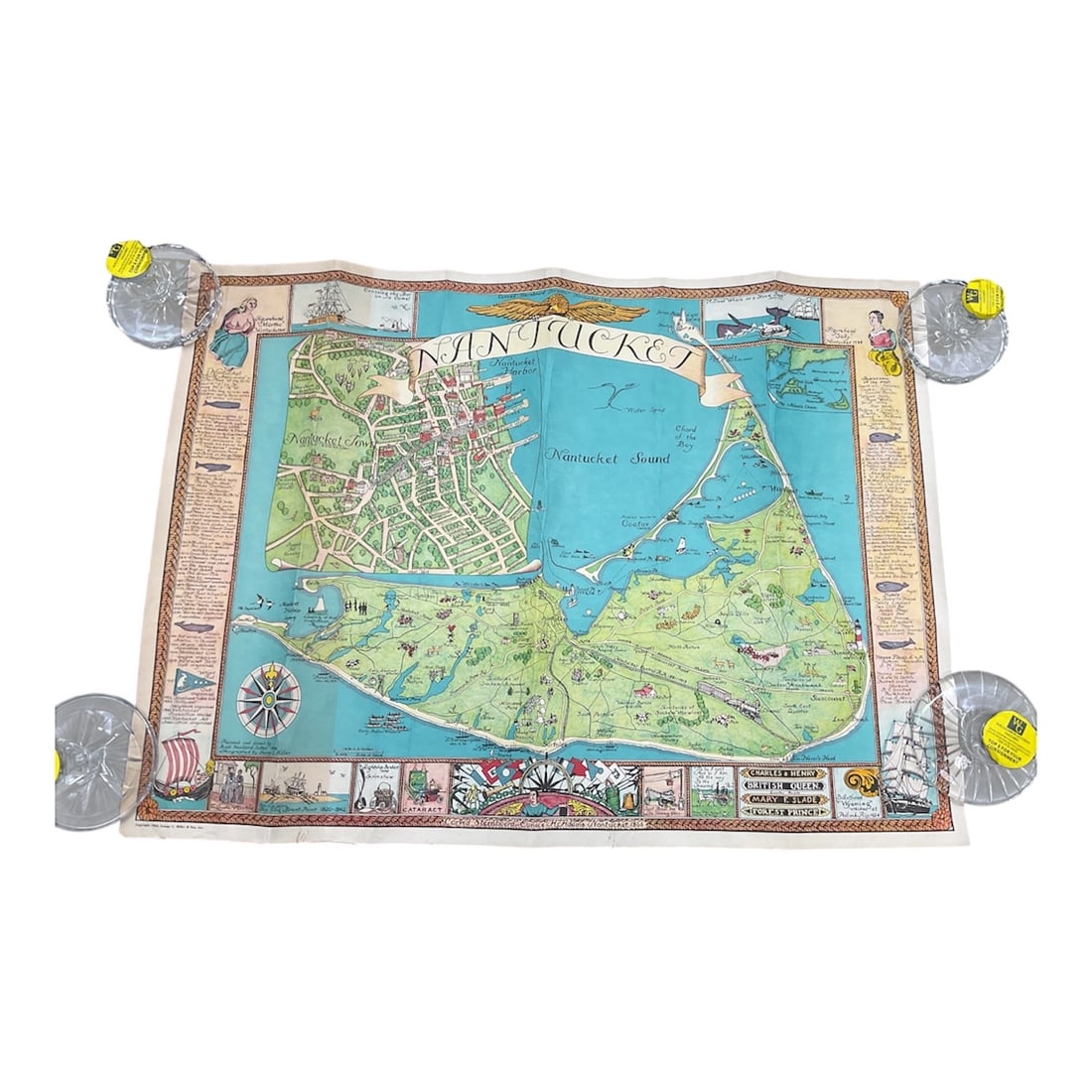 Pictorial Map of Nantucket by Ruth Haviland Sutton and George C. Miller, 1964: A colorful pictorial map of Nantucket featuring detailed illustrations of the island’s towns, roads, waterways, and landmarks. The map includes decorative borders with historical scenes, maritim