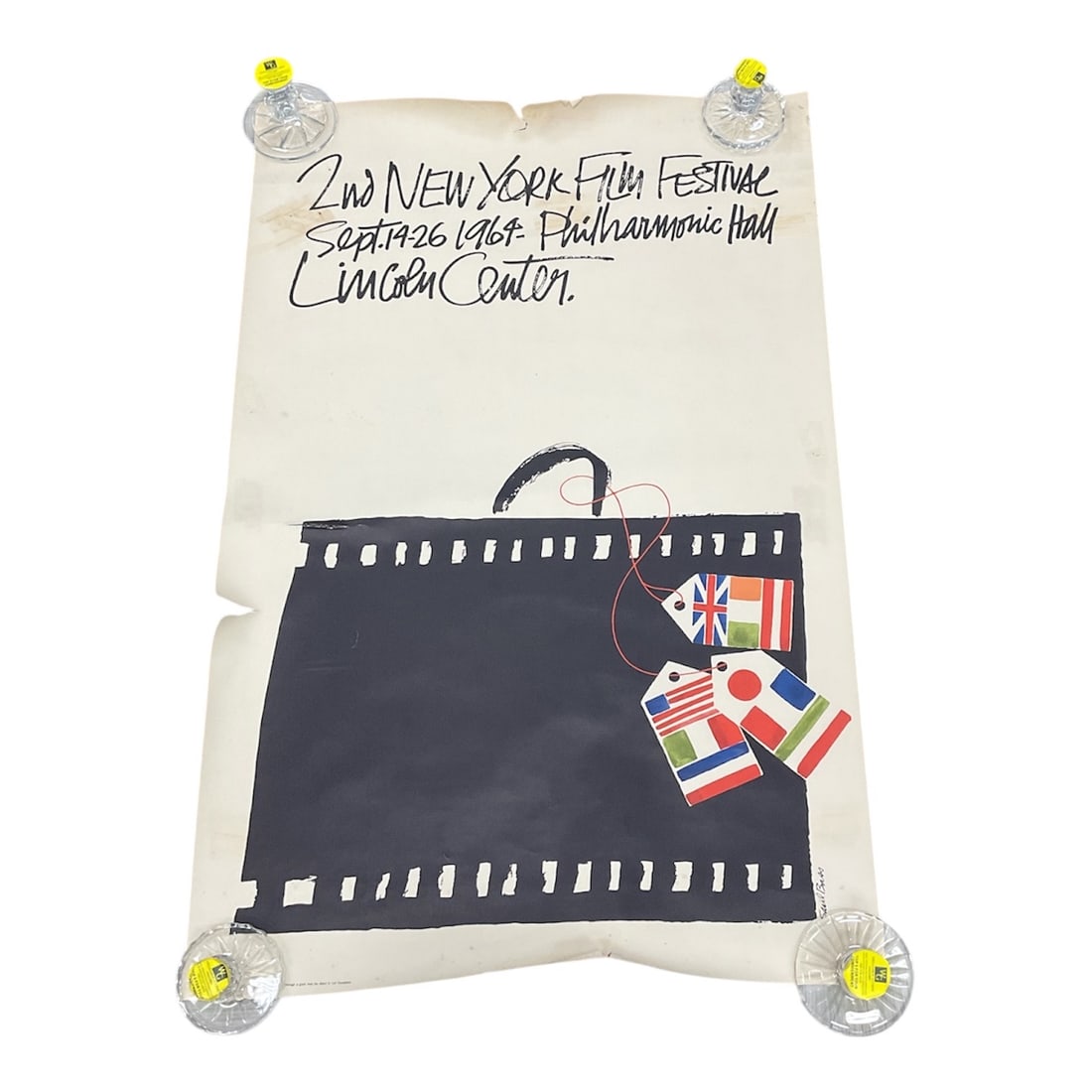 New York Film Festival Poster by Saul Bass, Philharmonic Hall Lincoln Center, 1964: A large-format poster for the New York Film Festival held at Philharmonic Hall, Lincoln Center, dated September 17–26, 1964, designed by Saul Bass. The composition features a bold, stylized