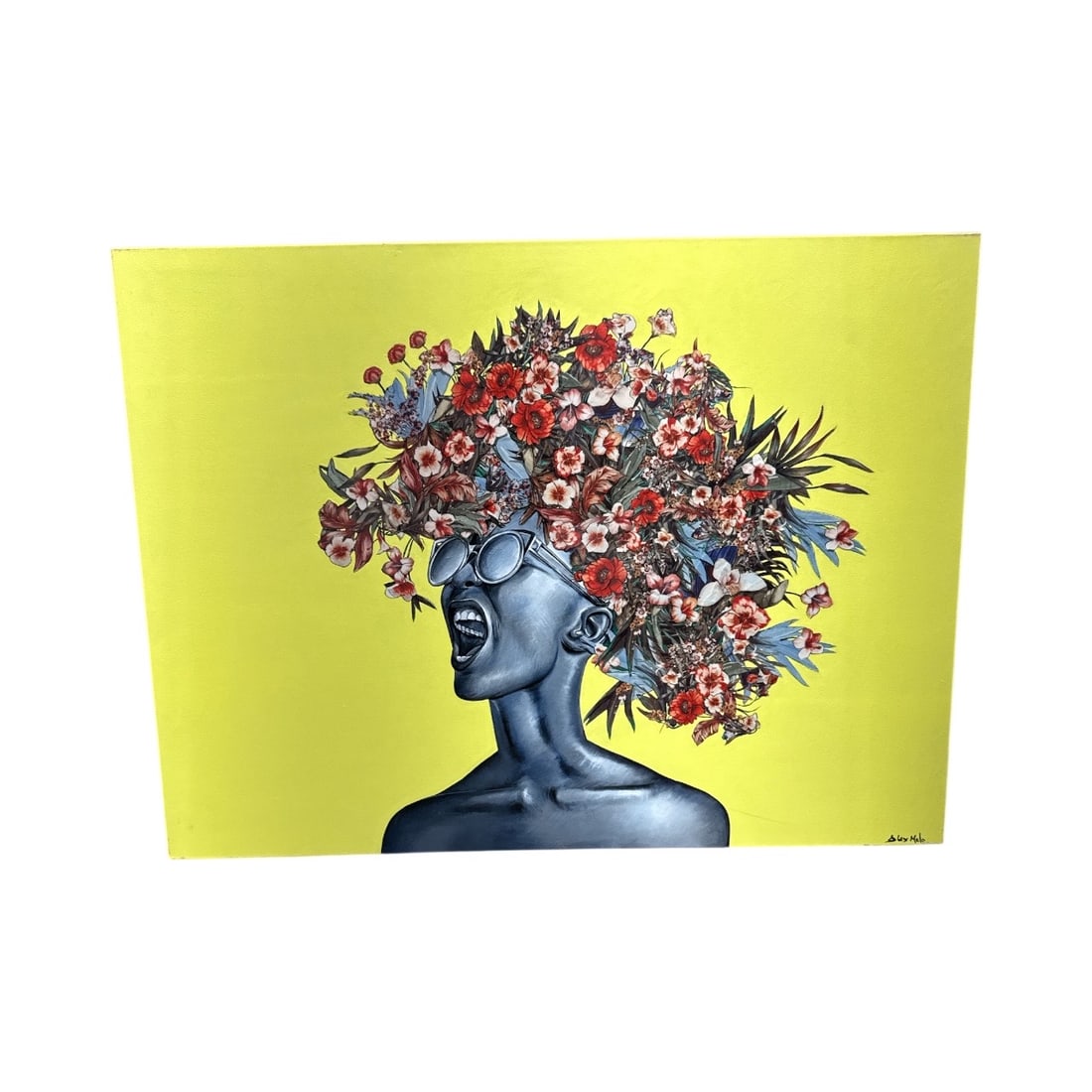 Alex Melo Floral Portrait with Yellow Background: Expressive contemporary painting by Alex Melo depicting a stylized grayscale figure wearing reflective sunglasses and adorned with a full crown of red and pink flowers with green foliage. Set against