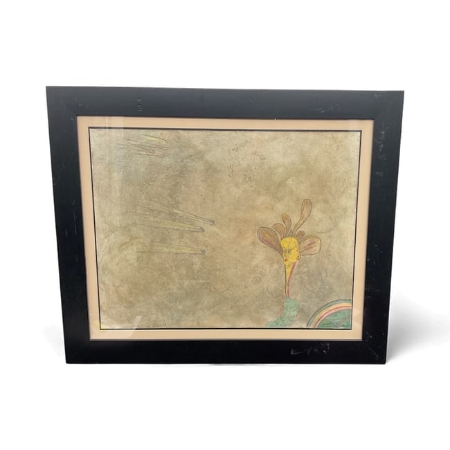 Alejandro Corao Surrealist Abstract Drawing: A whimsical surrealist drawing by Alejandro Corao featuring a plant-like figure with a human face emerging from a coiled stem. Soft rainbow tones accent the lower corner while the textured background