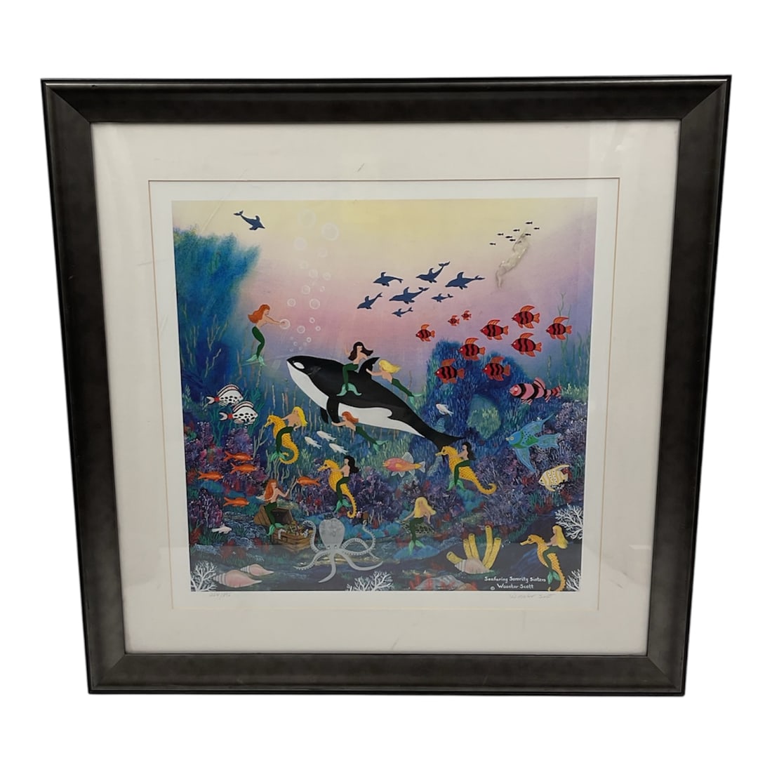 Jane Wooster Scott “Seafaring Sorority Sisters?? Limited Edition Lithograph: Color offset lithograph on paper titled “Seafaring Sorority Sisters” by American folk artist Jane Wooster Scott (b. 1941). The whimsical underwater scene features mermaids riding an orca a