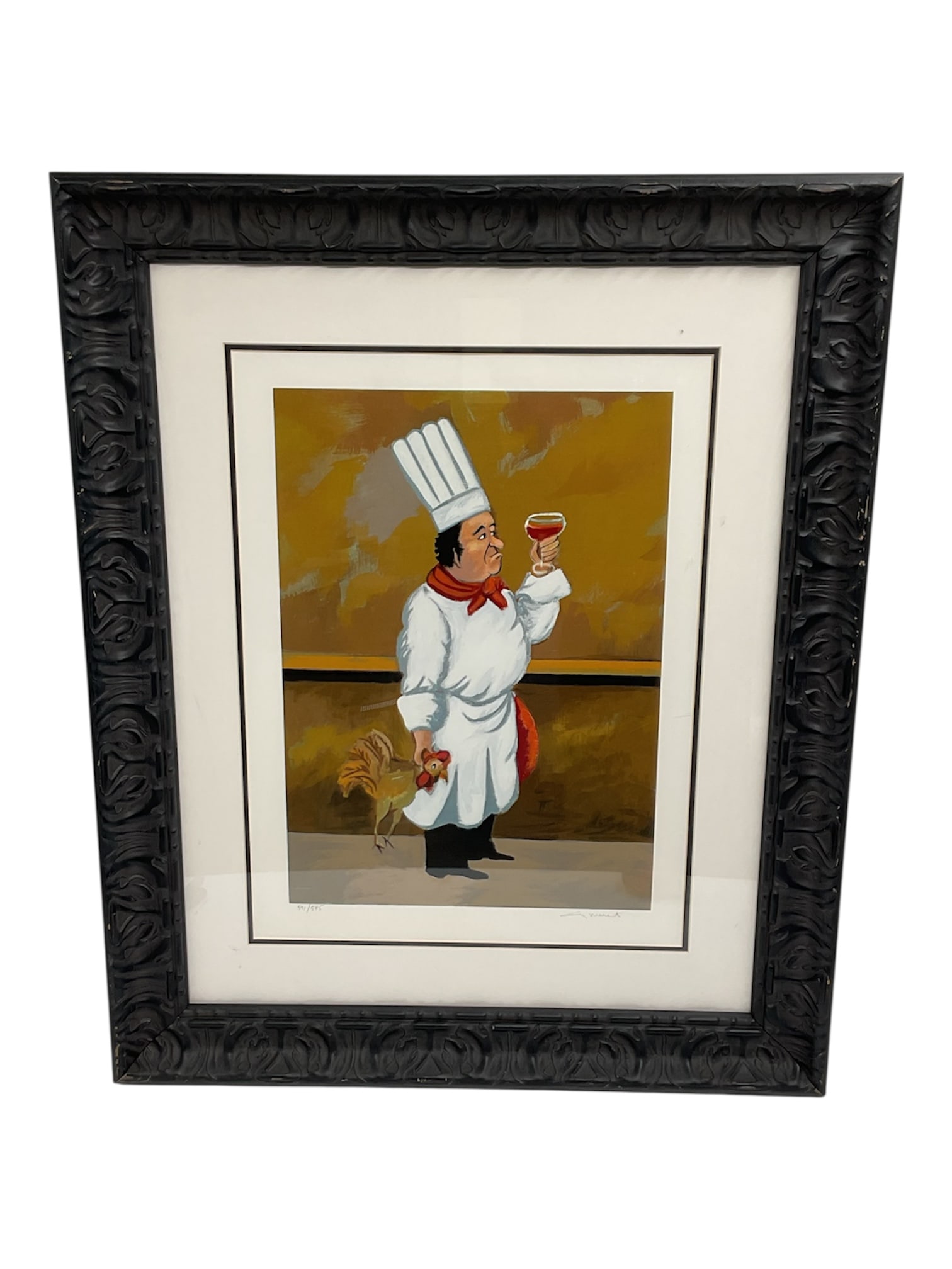 “Chef Henry?? by Guy Buffet (French, b. 1943) Serigraph: Humorous and expressive serigraph by celebrated French artist Guy Buffet depicting his well-known culinary character Chef Henry. The chef stands proudly in full white uniform and tall toque while