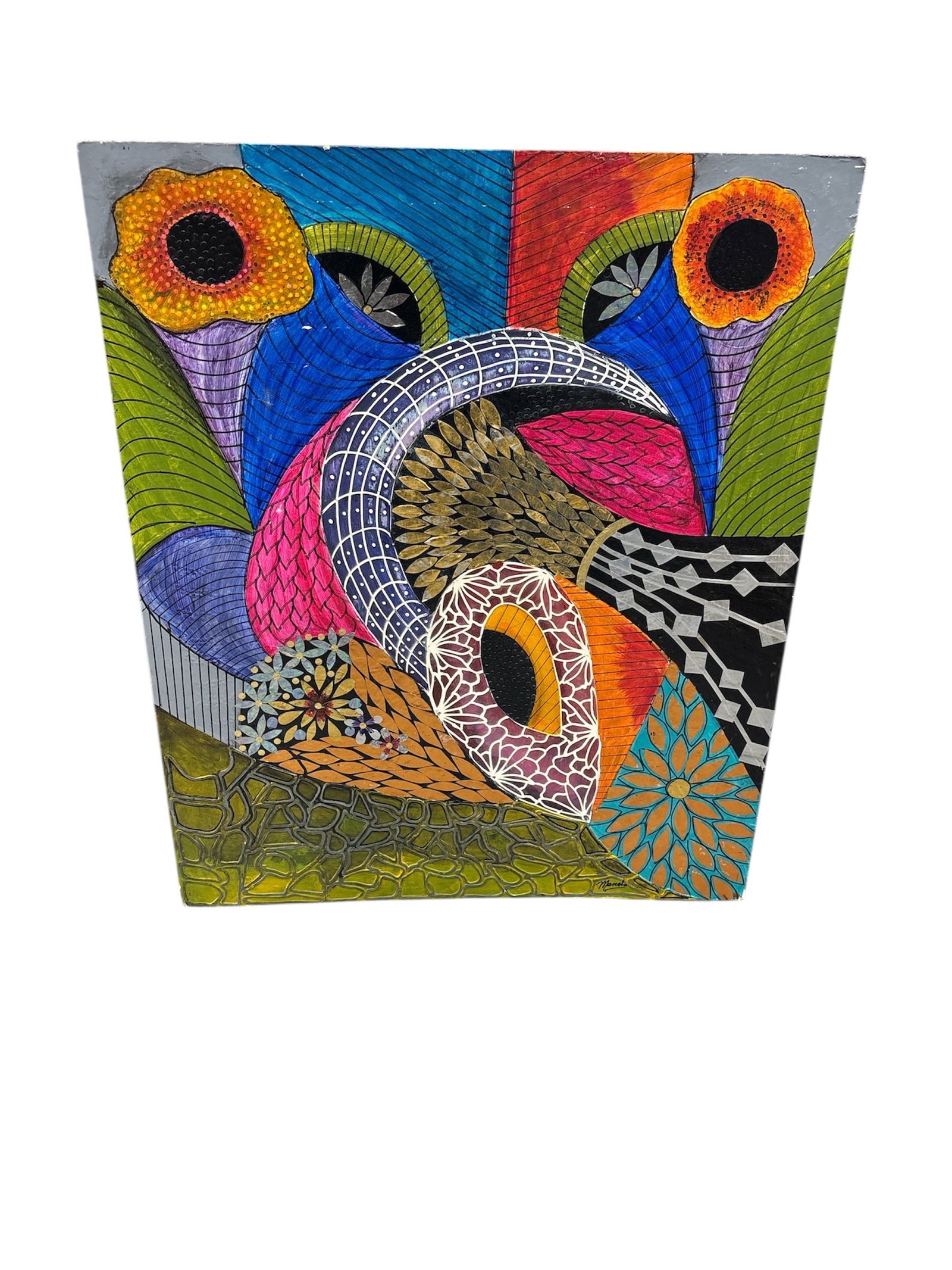 Color Me Complex - Manolo Nunez: The artwork is a vibrant composition filled with complex patterns, bold colors, and organic forms reminiscent of folk or abstract art. It features a large, central element that suggests an abstract