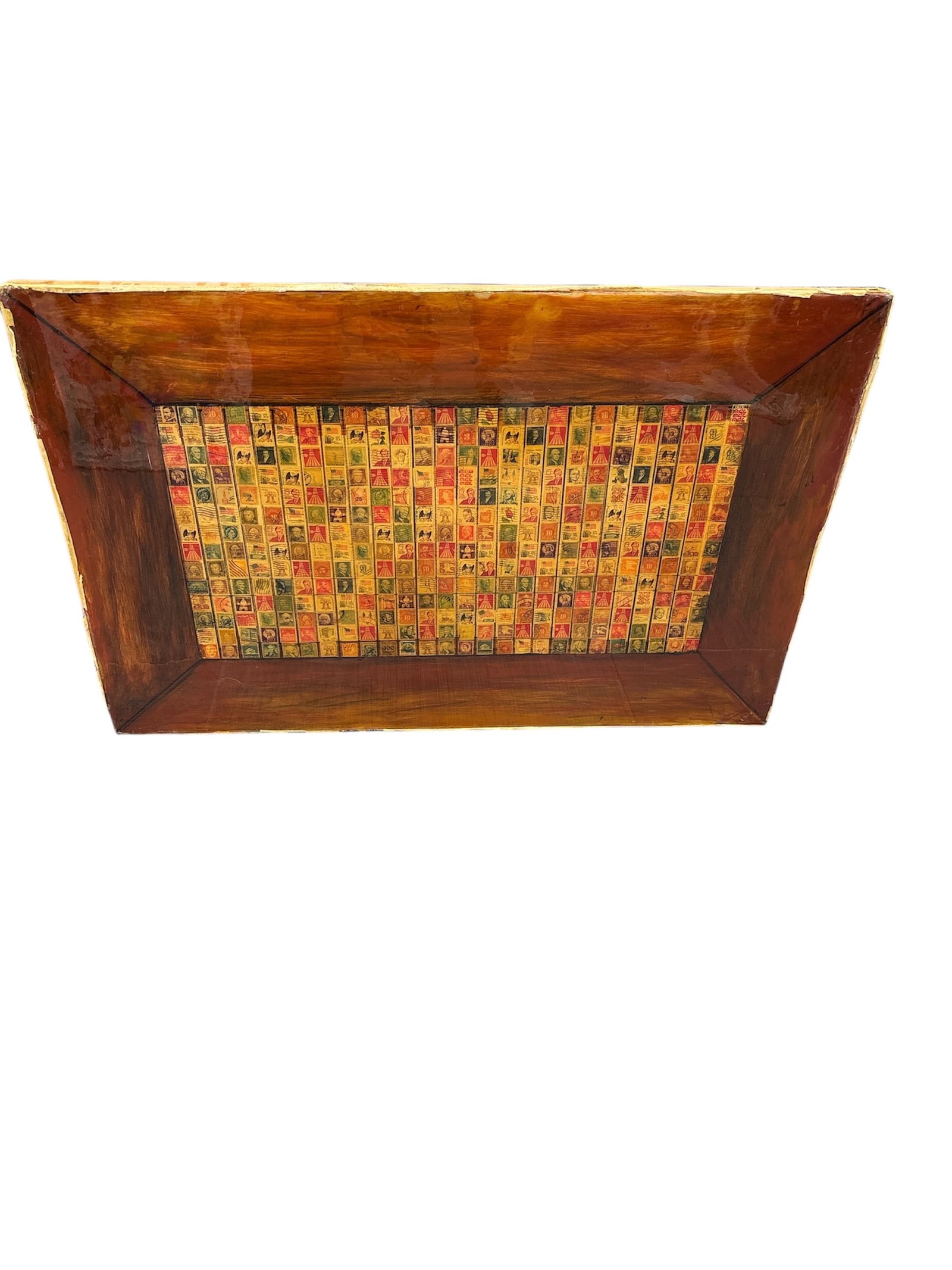 Postage Parade: The visual presentation is a large collage or mosaic entirely composed of numerous small, vintage 