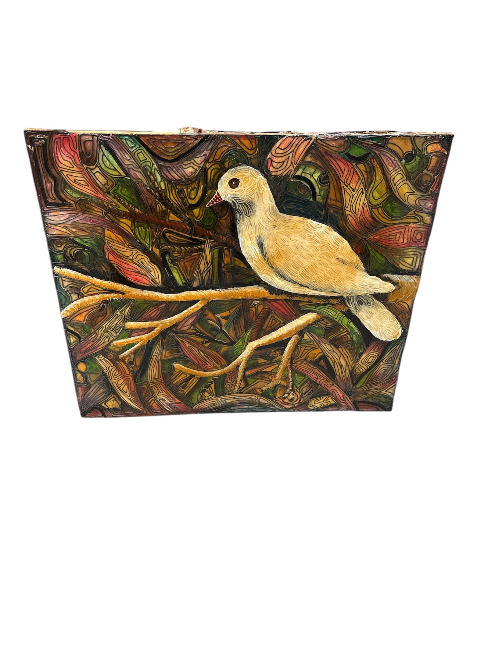 Vintage Folk Art Dove - Manolo Nunez: Features a central light-colored bird perched on a branch, surrounded by foliage in rich earth tones of greens, browns, and reds. The painting style has a tactile, textured appearance.Dimensions: