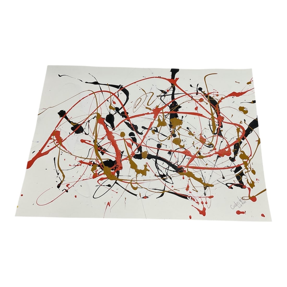 Abstract Ink and Color Composition by Carlos Felix (American, 20th Century), 1981: Vivid abstract composition by Carlos Felix, dated 1981. This work features expressive black ink splashes combined with bold red and ochre accents, forming an energetic network of looping lines, drips,