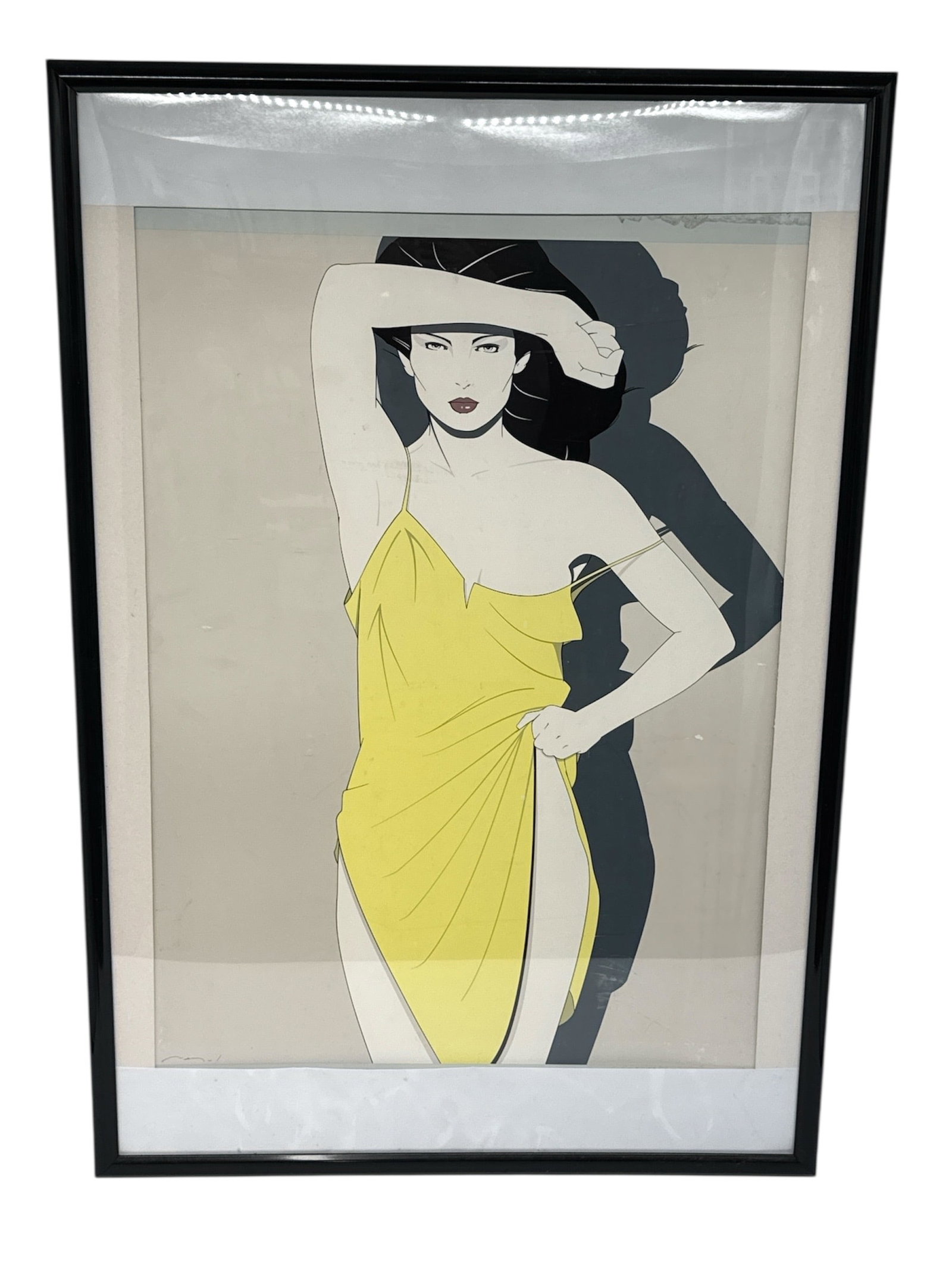 Patrick Nagel Style Female Figure Art Print Framed: This large framed art print features a striking stylized female figure rendered in a bold, minimalist aesthetic strongly associated with the iconic 1980s glamour style popularized by Patrick Nagel. Th