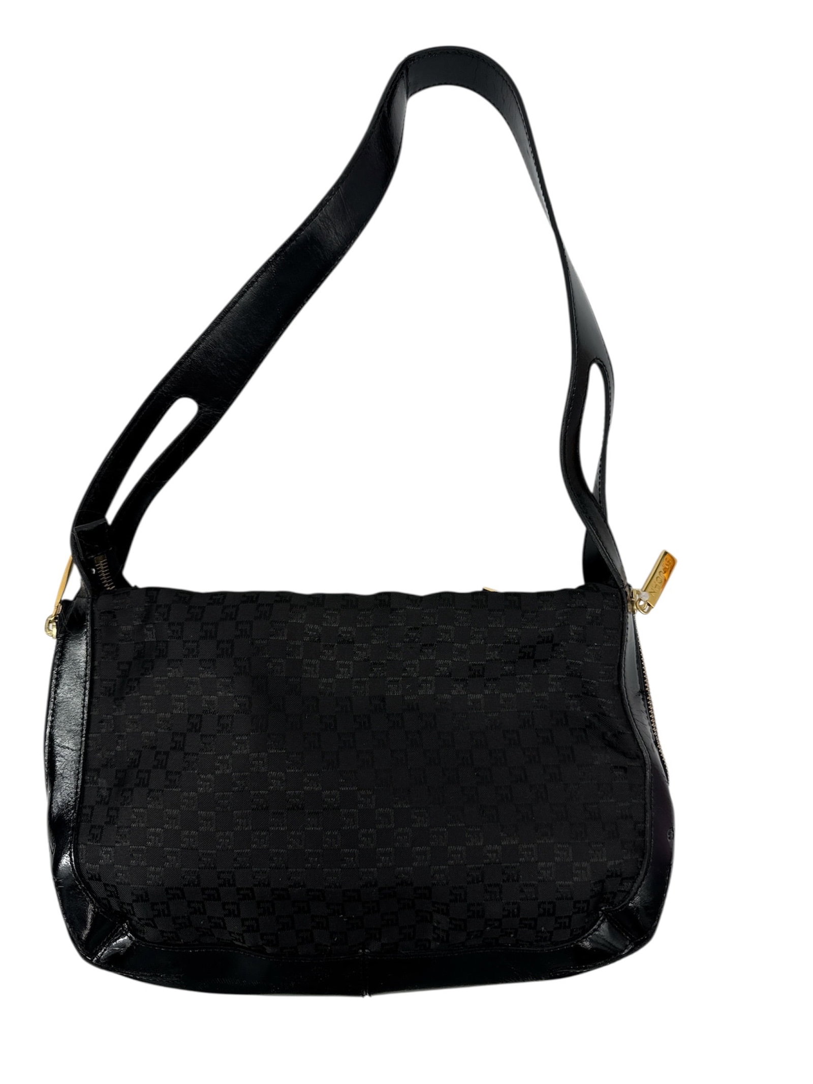 Black St. John Patent Leather Hobo Bag: This lot is a St. John shoulder bag with a black patent leather exterior and hobo-style silhouette. St. John is an American luxury fashion