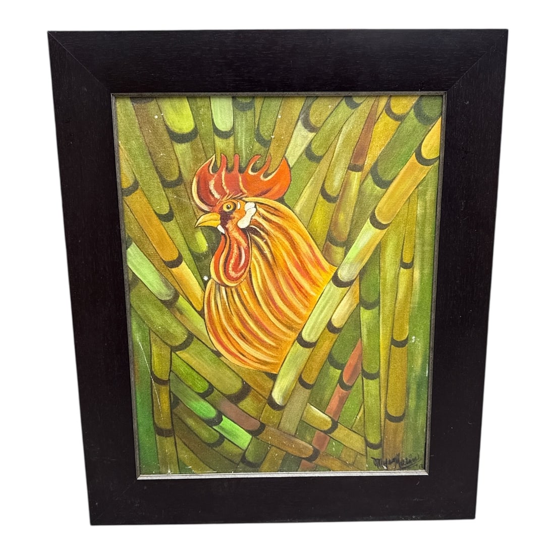 Signed Contemporary Painting Rooster in Bamboo Framed: Bold and whimsical contemporary painting featuring a vibrant rooster set against a stylized bamboo background. Rendered in rich greens, yellows, and warm orange tones, this piece has a lively modern f