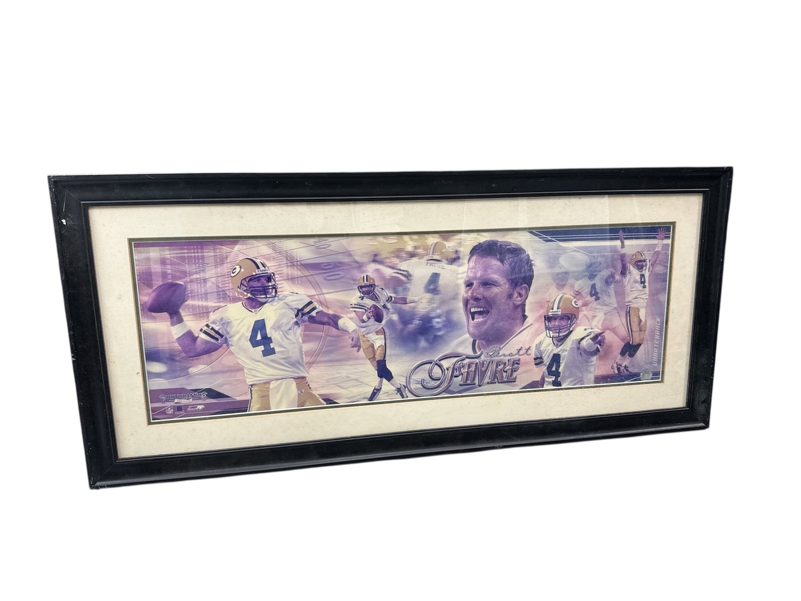 Framed Brett Favre Green Bay Packers NFL Photo Collage Print: Large framed sports print featuring NFL legend Brett Favre, showcasing a dynamic collage of action imagery from his career with the Green Bay Packers. The design highlights Favre in multiple gameplay