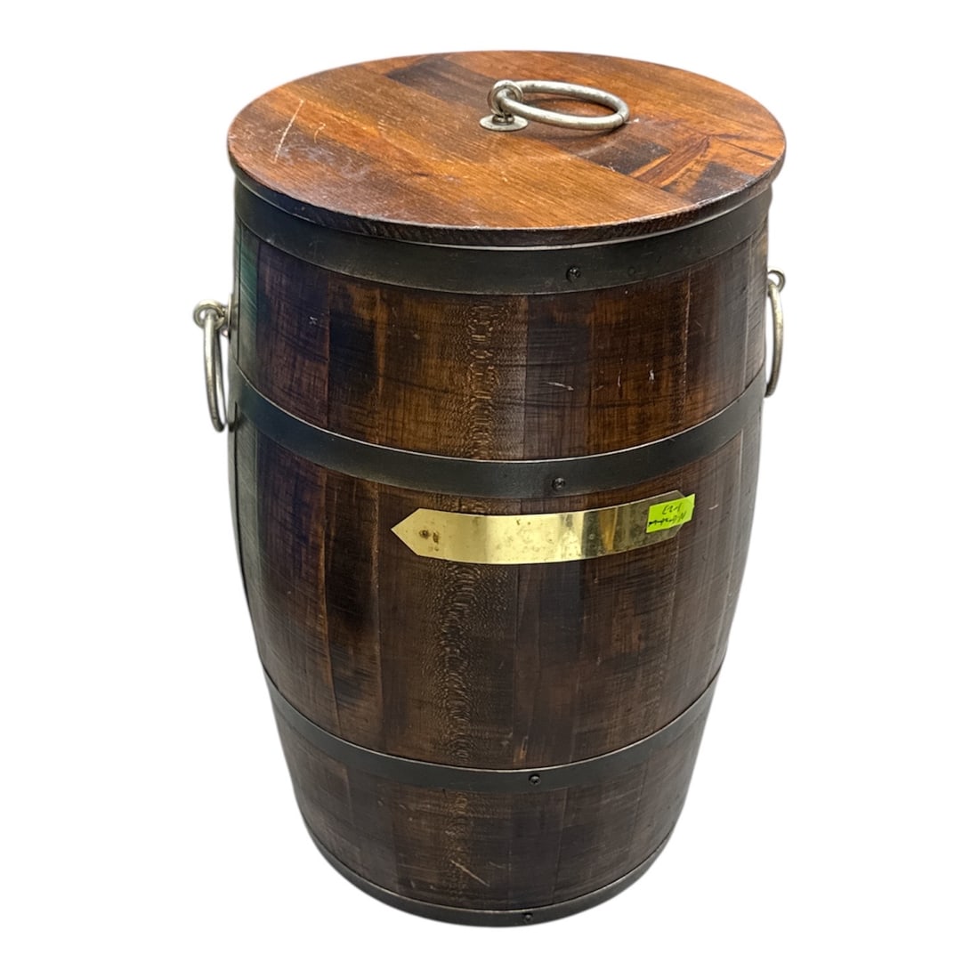 Vintage Wooden Barrel Form Cooler or Storage Container with Metal Liner: Unique barrel-shaped wooden container featuring a rustic stained wood exterior with metal banding, side handles, and a removable lid with ring pull. Interior is fitted with a metal liner, suggesting u