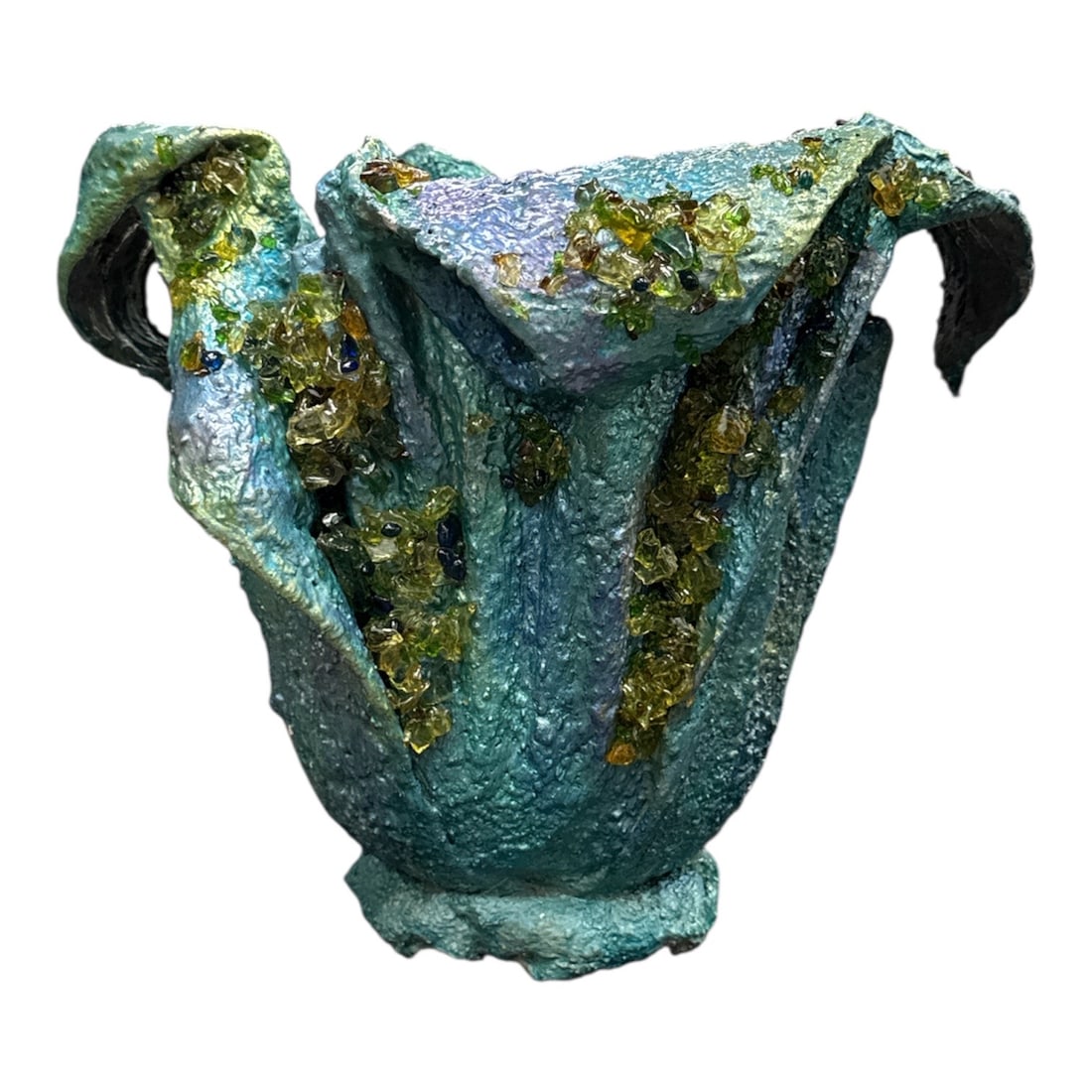 Modern Sculptural Resin Planter with Iridescent Finish Abstract Form: Unique contemporary resin planter featuring an expressive sculptural form with folded rim and abstract handle-like extensions. Finished in a shimmering turquoise-green iridescent surface with dramatic