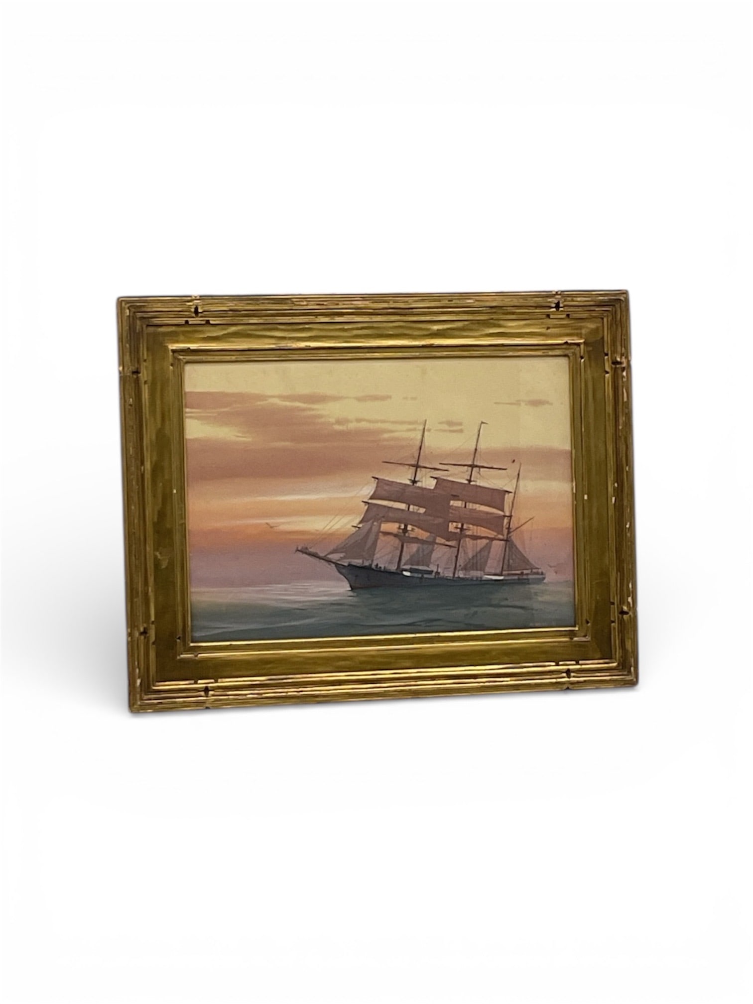 Ship Antiope by Hunter Wood (American, 1908-1948) OIl on board: This masterful maritime gouache on paper depicts the historic iron-built clipper ship Antiope navigating calm waters during a vibrant sunset. The artist, Hunter Wood, was a renowned maritime painter a