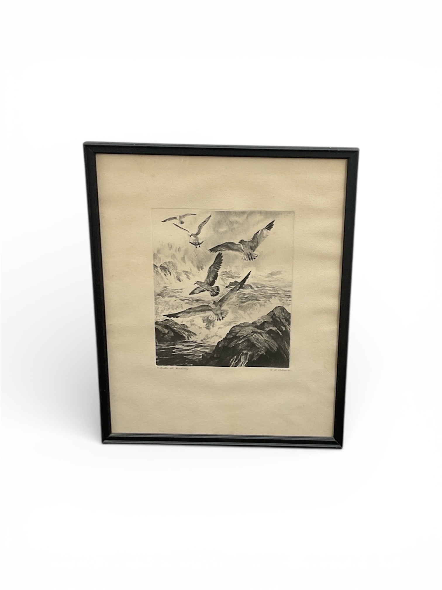 Gulls at Monterey by R H Palenske Framed Print: This framed print titled Gulls at Monterey depicts seabirds in flight over a dramatic coastal landscape, a subject closely associated with California coastal imagery. The work is credited to R. H.
