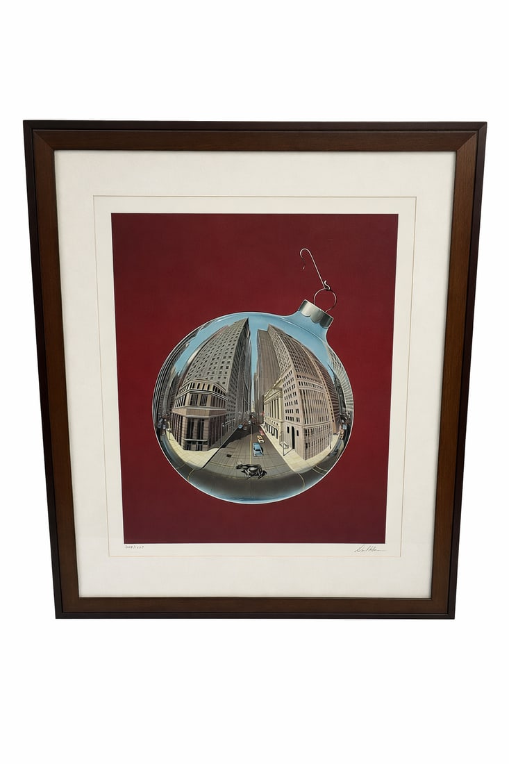 “Fisheye View of Wall Street?? by David Mann (American, b. 1948) Lithograph: Limited edition lithograph by American artist David Mann titled Fisheye View of Wall Street. The composition presents a surreal, reflective view of New York’s financial district as if seen throu
