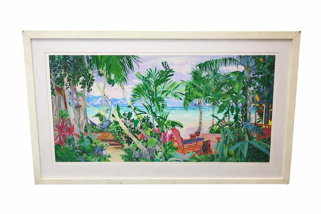 “Gone for a Book?? by Eileen Seitz (American, Contemporary) Limited Edition Print: Colorful tropical landscape print titled Gone for a Book by contemporary American artist Eileen Seitz. The composition depicts a lush coastal garden scene filled with palm trees, tropical foliage, and
