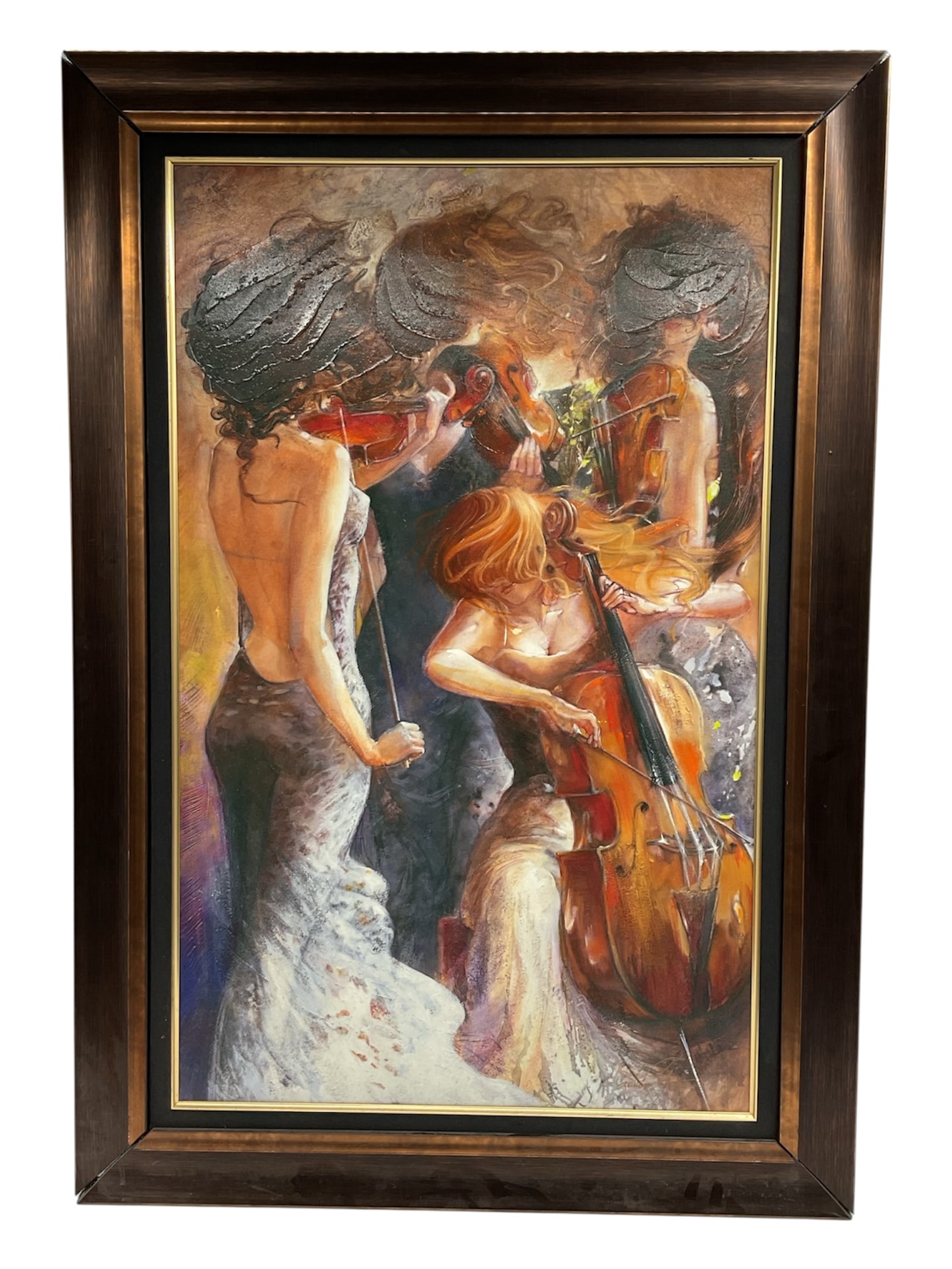 “Fantasy?? by Lena Sotskova (Russian/American, b. 1963) Giclée on Canvas with Hand Embellishment: Decorative figurative composition titled Fantasy by contemporary artist Lena Sotskova (b. 1963). The work depicts an expressive ensemble of female musicians performing violin and cello in a warm,