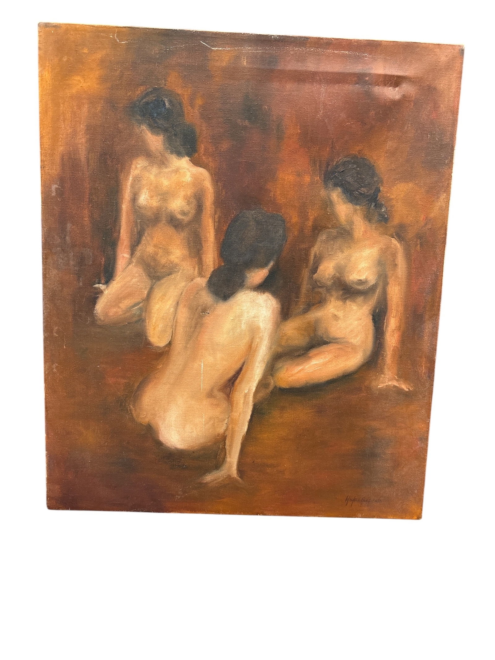 "The Three Graces," A Figurative Expressionist Oil Painting by Mayline Henderson: Description An expressive oil painting on canvas that depicts three seated female nudes in an intimate gathering. The style is notably figurative expressionist, utilizing a warm, rich palette of earth