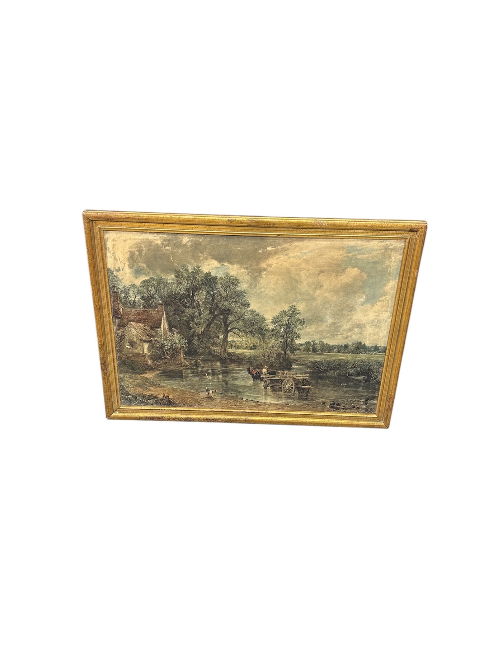 Vintage Framed Art Print of John Constable's "The Hay Wain" in Ornate Gold Frame: Description: This beautifully framed vintage print captures the timeless English countryside scene from John Constable's iconic masterpiece, 