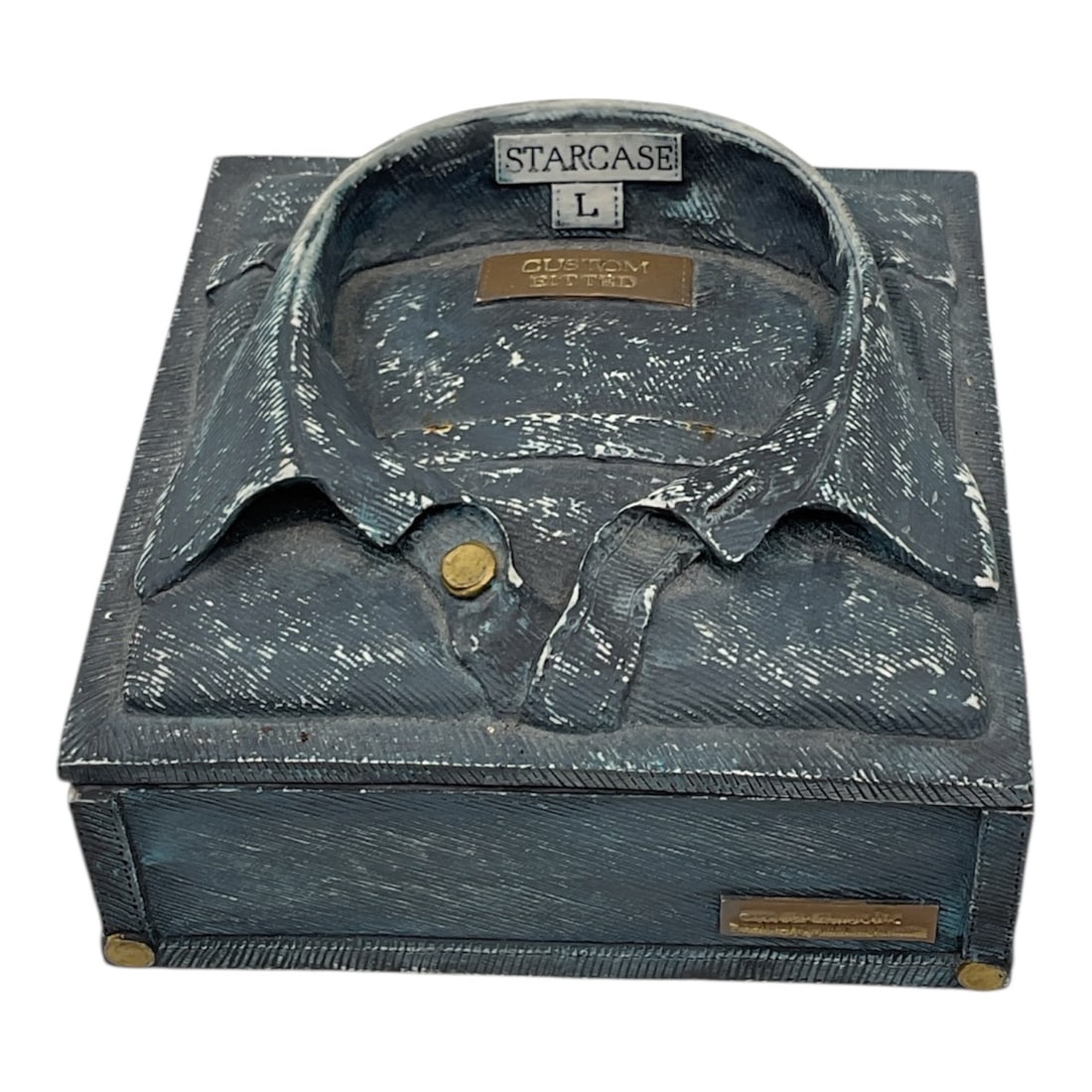 Starcase Shirt Collar Decorative Storage Box: Novelty decorative storage box designed in the form of a folded dress shirt collar, labeled Starcase size L. The exterior features a textured finish with realistic collar detailing and button accent,
