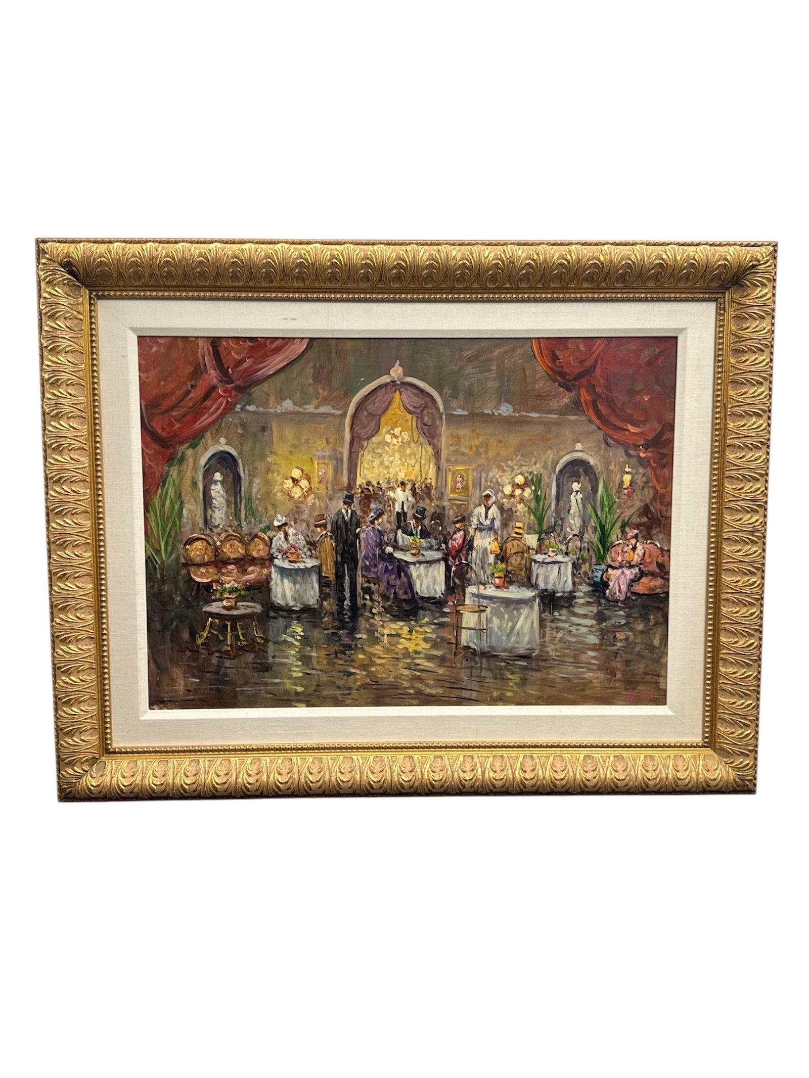 Amato: Elegant Café Scene (Belle Époque Style): This enchanting oil on canvas captures the bustling, sophisticated atmosphere of a grand European café, reminiscent of the Belle Époque era. The composition is alive with activity,