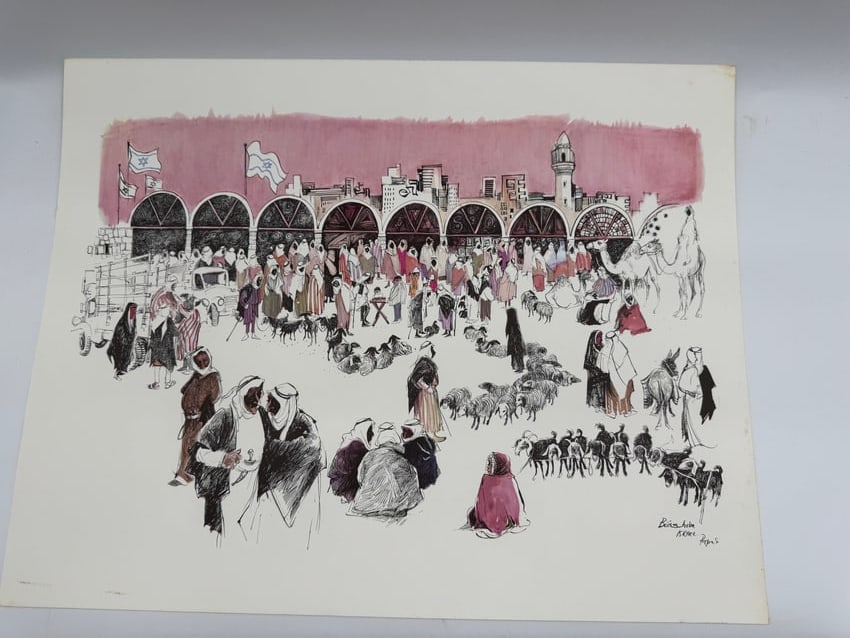 Beersheba, Israel,Print by Papas: A detailed and dynamic illustration of Beersheba by Papas, depicting a bustling market scene with merchants, wagons, camels, and townspeople. The artist’s expressive ink and watercolor technique hig