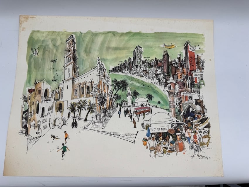 Tel Aviv by Papas: A lively illustration of Tel Aviv by Papas, portraying the city’s energetic atmosphere with detailed scenes of architecture, markets, and daily life. The artist combines humor and movement through