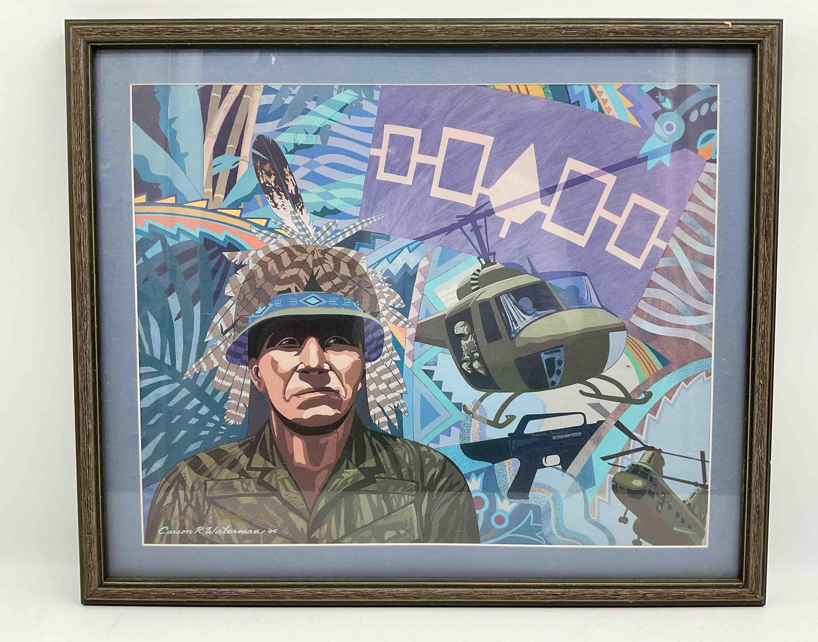 Carson R. Waterman “Wampum and the Warrior?? Signed Print: Powerful signed and dated 1995 print by Seneca artist Carson R. Waterman, titled “Wampum and the Warrior.” The composition features a Native American soldier juxtaposed with a military hel