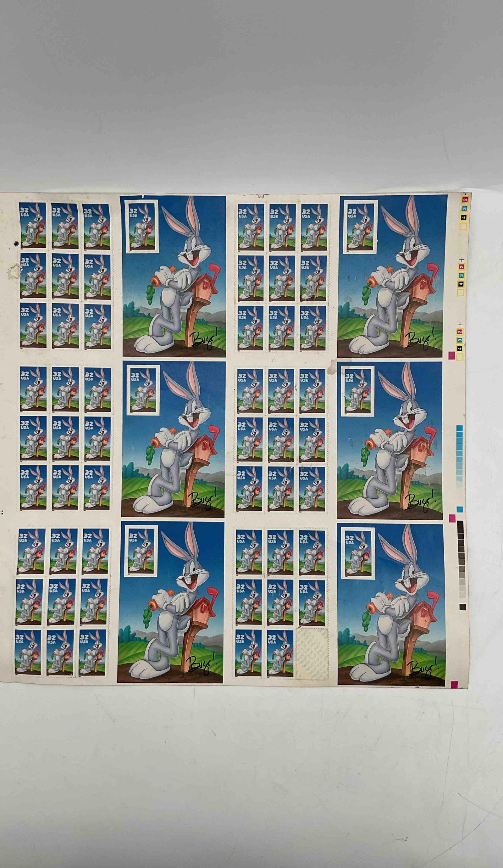 Bugs Bunny Stamps - "What's Up Doc?": Sheet of vintage 32¢ Bugs Bunny commemorative postage stamps issued by the United States Postal Service in 1997, featuring the iconic Looney Tunes character holding a carrot. Medium: Printed post