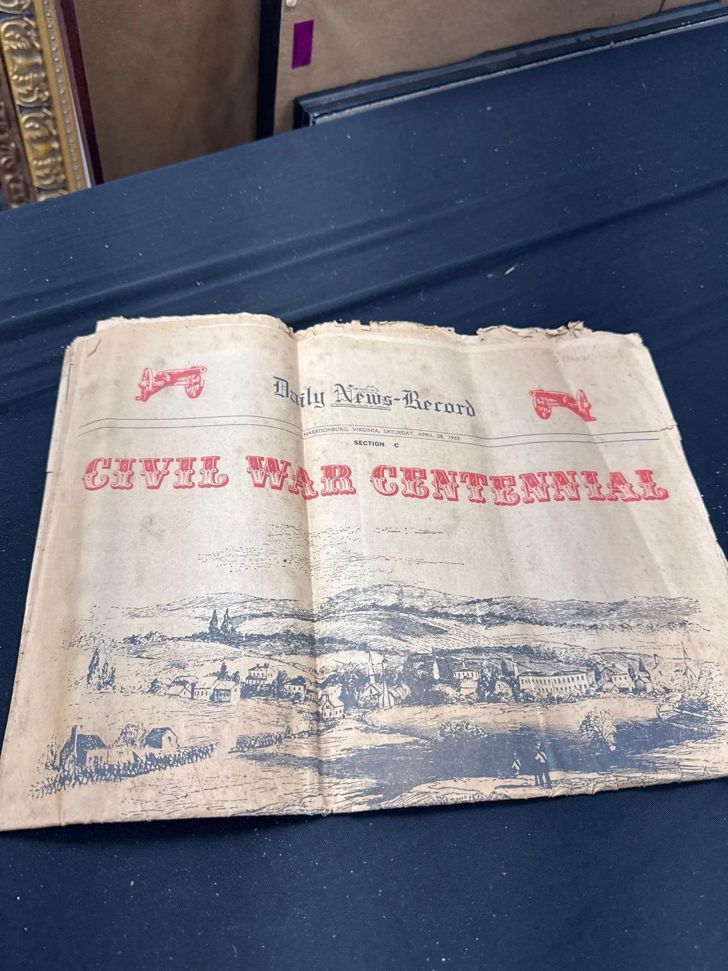 Daily News Record Civil War Centennial Newspaper April 28 1962: Original issue of the Daily News Record from Harrisonburg Virginia dated April 28 1962 commemorating the Civil War Centennial. The front cover features large red lettering and an illustrated scene of