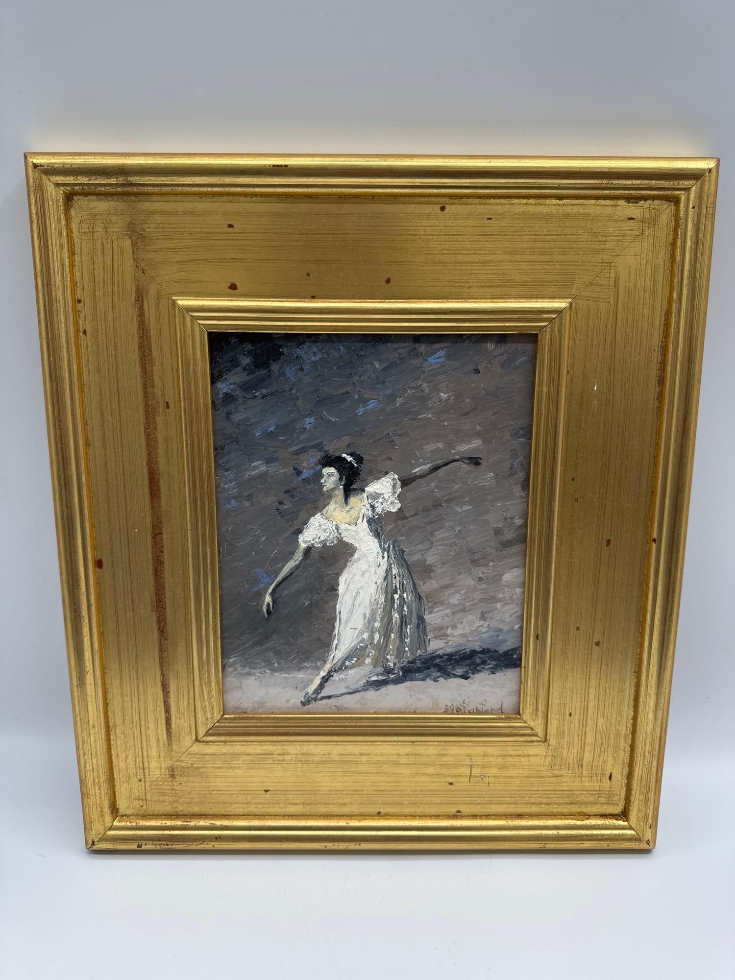 "Grace" by Mark Stanford (American, b.1959) Oil on Board: Description: Impressionist style oil painting of a ballerina in a white dress. Signed lower right. Framed. Medium: Oil on Board Dimensions: Frame: 13 inches x 15 inches. Image: 8 inche
