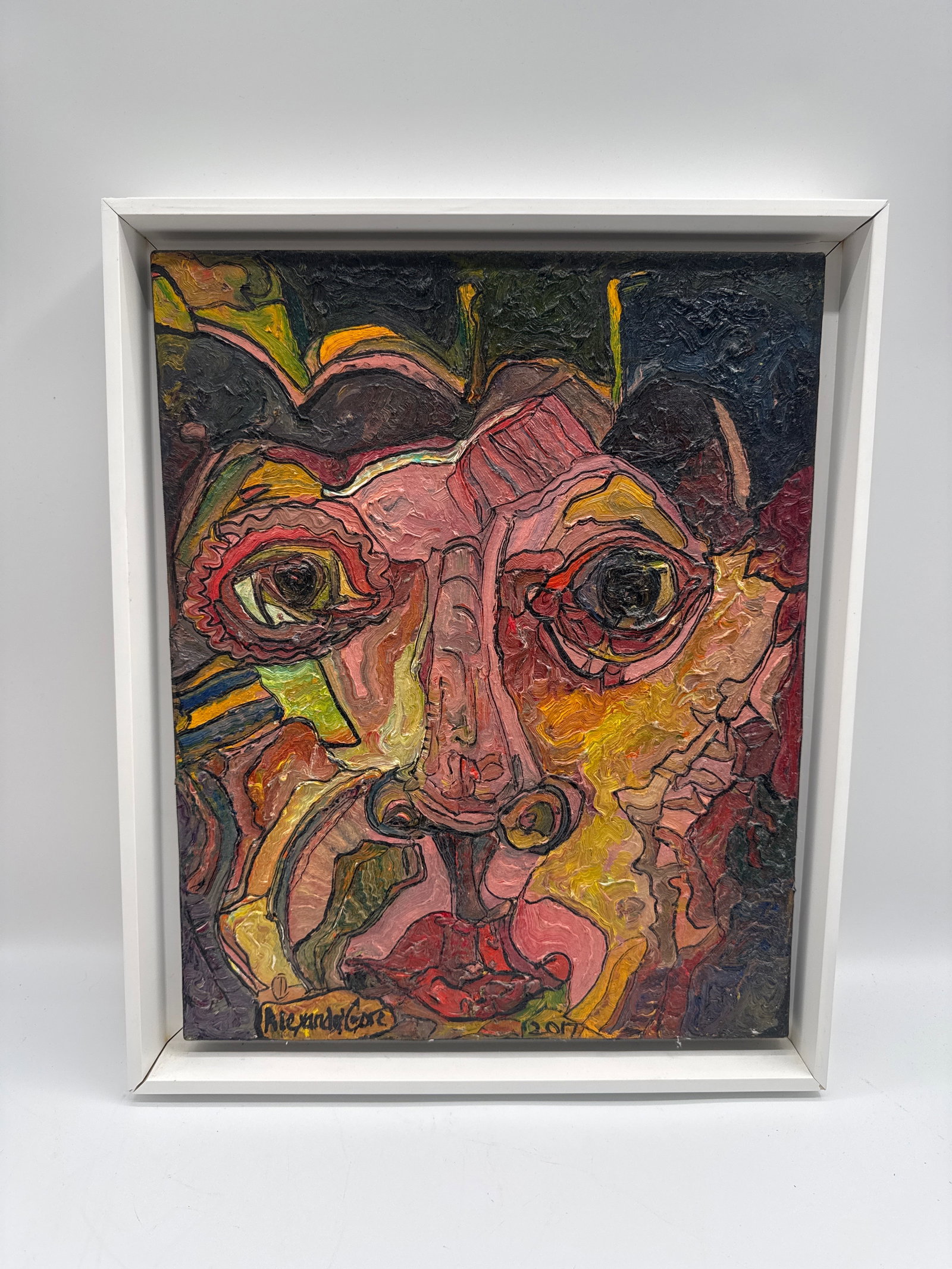 Alexander Gore Abstract Oil Painting: Abstract oil painting on canvas by Alexander Gore, dated 2017. Bold and expressive abstract portrait with vivid colors and heavy impasto texture, depicting a stylized face with distorted features