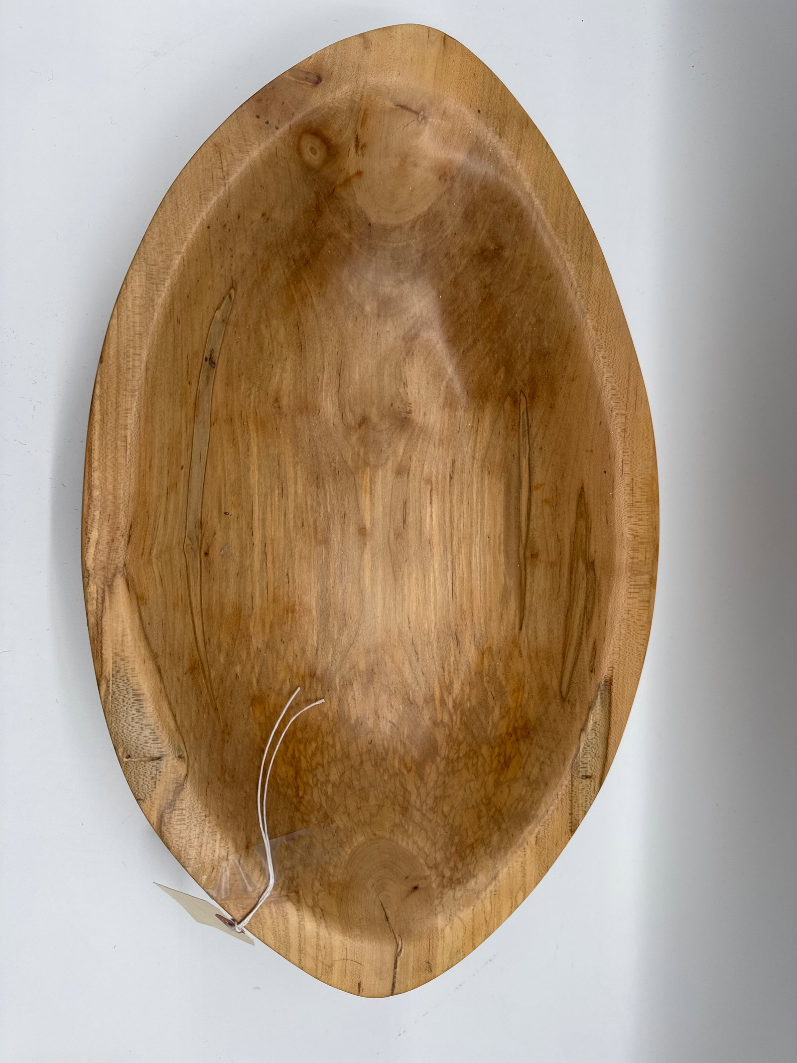 Large Oval Food-Safe Solid Wood Bowl: Hand-turned wooden bowl carved by Tate Walls, Hiawassee, GA, dated Feb 2, 1999. The bowl features a natural wood grain and a simple, rustic design. Signed and dated on the bottom.