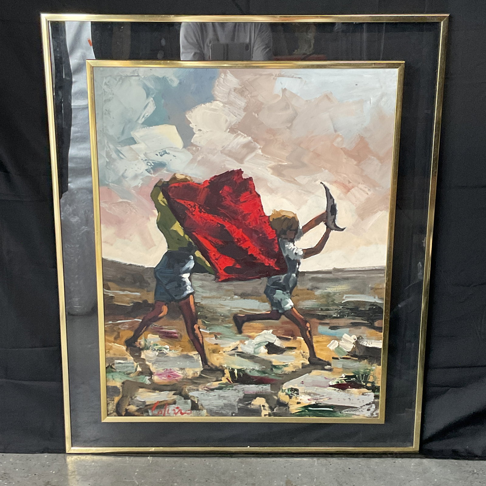 Large Children on the Beach, Acrylic on Acrylic, Artist Cofino: An oil on canvas painting depicting two children playing on a beach. The work is signed lower right. Framed. Dimensions: 45" H x 37" L.