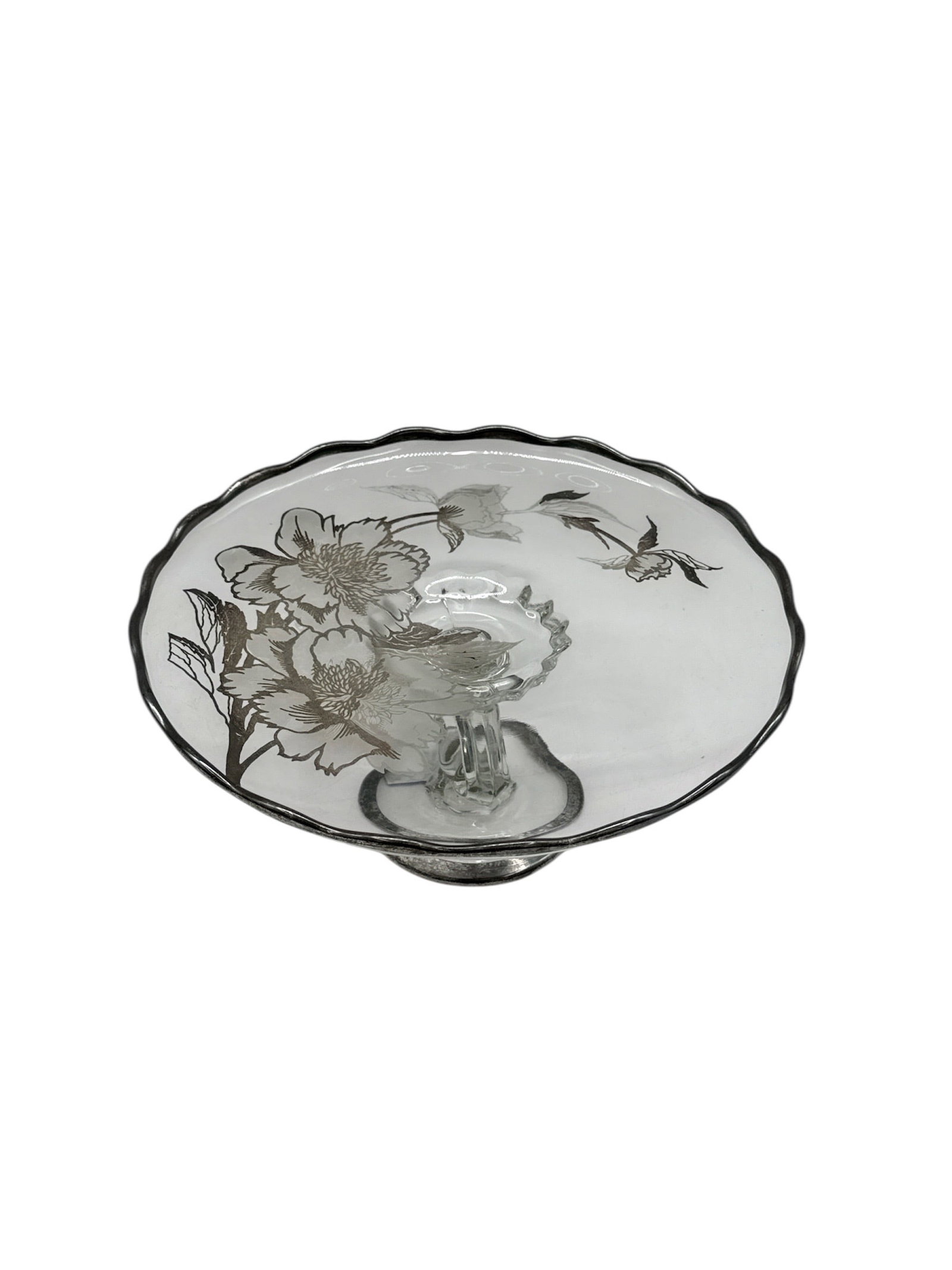 Vintage Floral Pedestal Compote Dish with Black Rim – Glass Serving Bowl: Elegant vintage glass pedestal compote featuring a delicate floral motif accented by a contrasting black rim. The shallow bowl form rests on a sculptural pedestal base, making it ideal for use as a ce