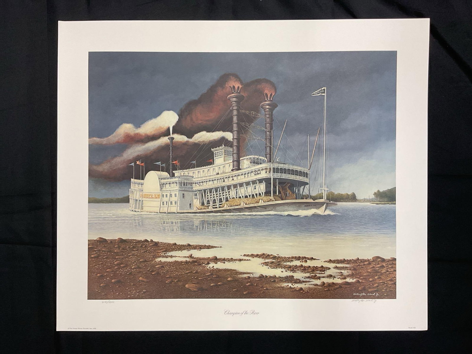 Wellington Ward Jr. (American, 1935-2016) Lithograph: This is a Bicentennial-era limited-edition print collection focusing on historical American transportation. The "Champs of the River" artwork, featuring the Robert E. Lee steamboat, is a stu