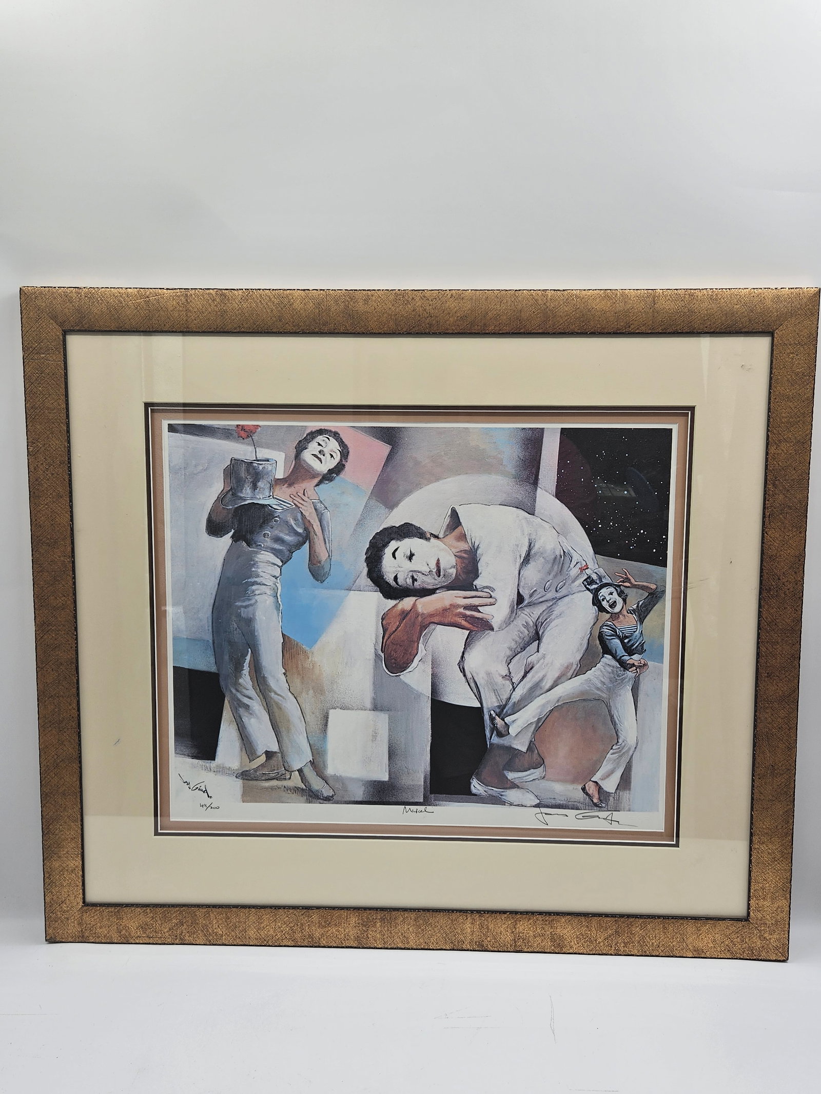 "Marcel" by Jonas Gerard (American, b.1941) Lithograph: Description: Limited edition print numbered 49/300. Features figures in white face makeup in an abstract setting. Framed and matted. Medium: Lithograph Dimensions H:31 1/2 in L:36 in</