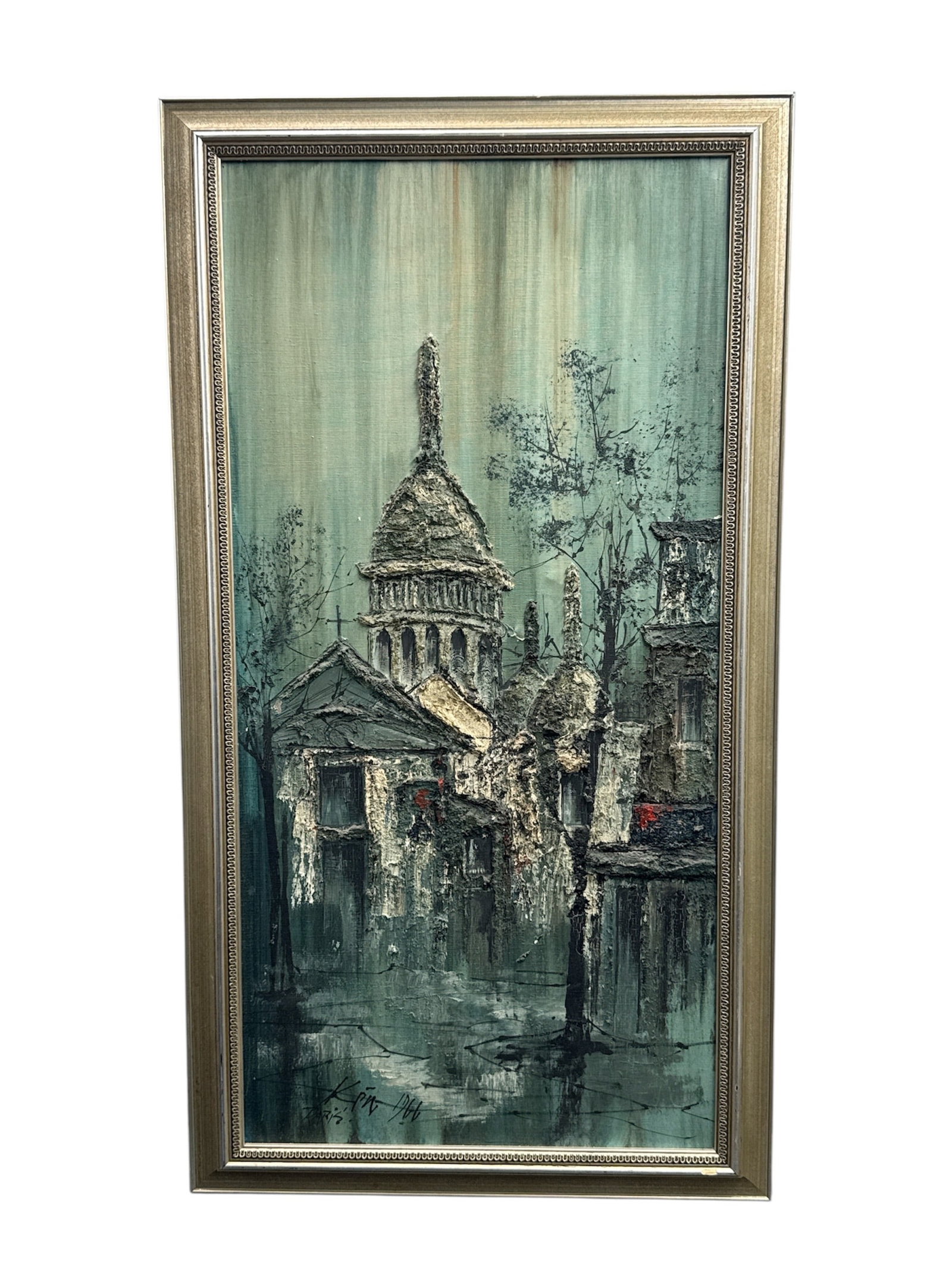 Signed Impressionist Cityscape Painting with Architectural Landmark: This atmospheric cityscape painting depicts a historic urban scene dominated by a domed architectural landmark, rendered in an impressionist style with layered texture and moody tones. Vertical washes