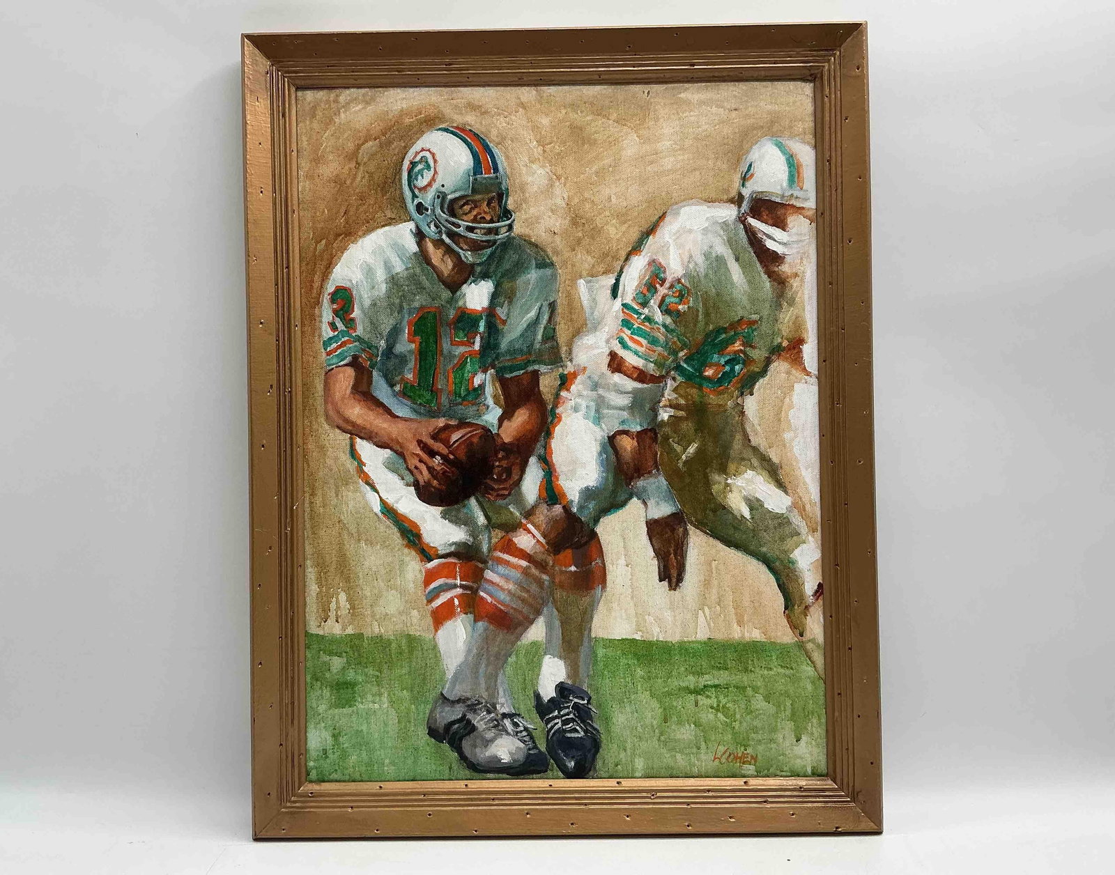 "Bob Griese" portrait by L. Cohen (American) Acrylic on Canvas: A vivid sports painting depicting a Miami Dolphins quarterback Bob Griese (#12)—poised for a play with a teammate in motion. The artist, L. Cohen, captures the action and athleticism of the