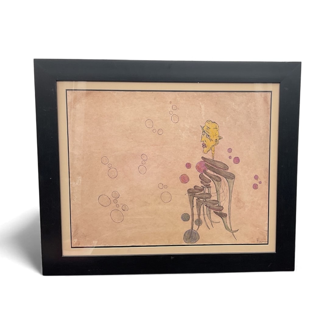 Alejandro Corao Surrealist Figurative Drawing:  A highly detailed surrealist drawing by Venezuelan artist Alejandro Corao, featuring an elongated, abstracted humanoid figure rendered with Corao’s signature fluid