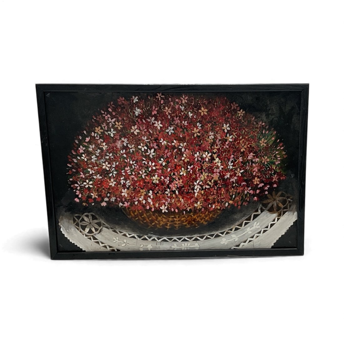 Manolo Nunez – Red Floral Basket: Painted floral composition featuring a full arrangement of red and white blossoms in a woven basket, set against a dark background with decorative lace detailing.Medium: