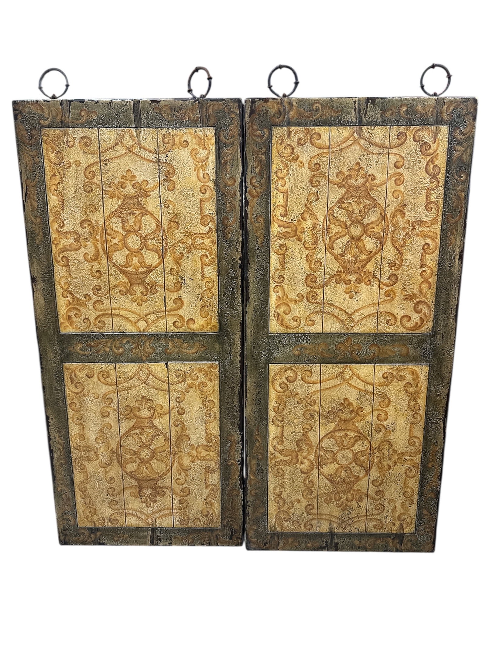 Pair of Peruvian Decorative Panel Doors with Ornate Design: Striking pair of decorative Peruvian panel doors featuring hand-painted or stenciled ornamental motifs in warm earth tones. Each door is divided into four panels with intricate symmetrical patterns, f