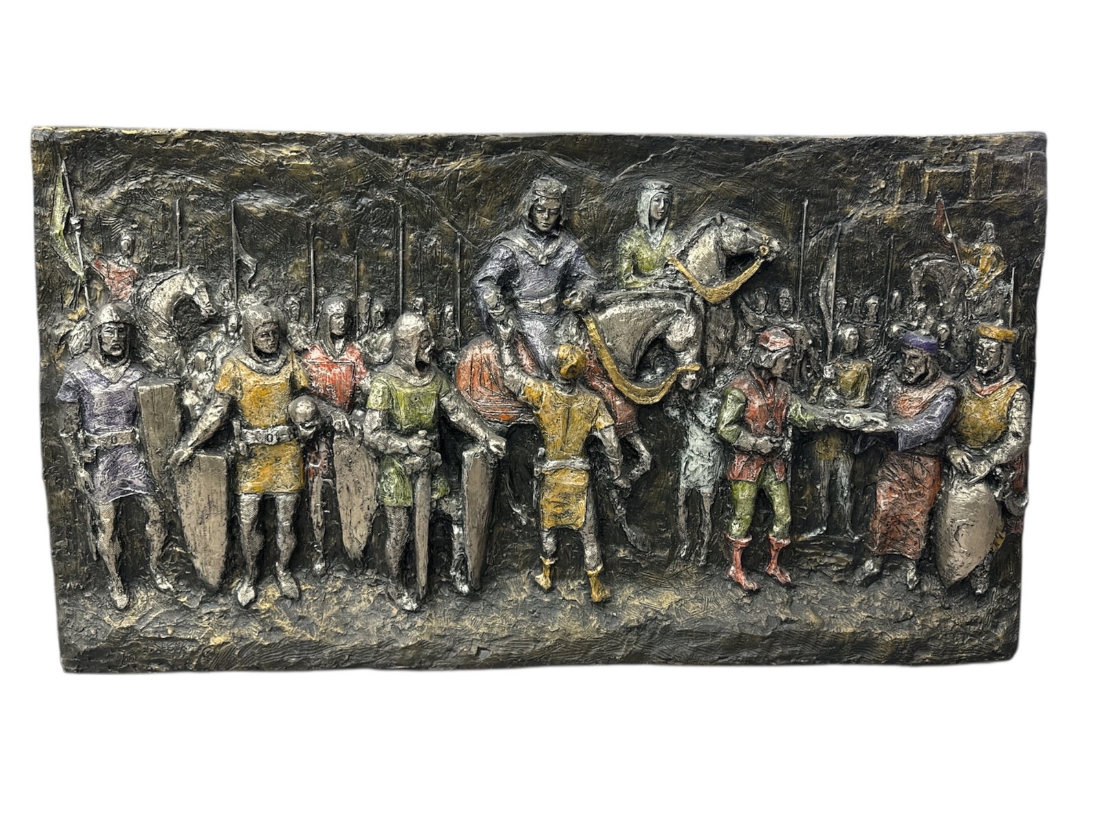 J. Segura Medieval Scene Fiberglass Relief Wall Sculpture: Dramatic wall-mounted relief sculpture by J. Segura depicting a medieval scene with armored figures, musicians, and attendants arranged in a continuous narrative procession. The composition is execute