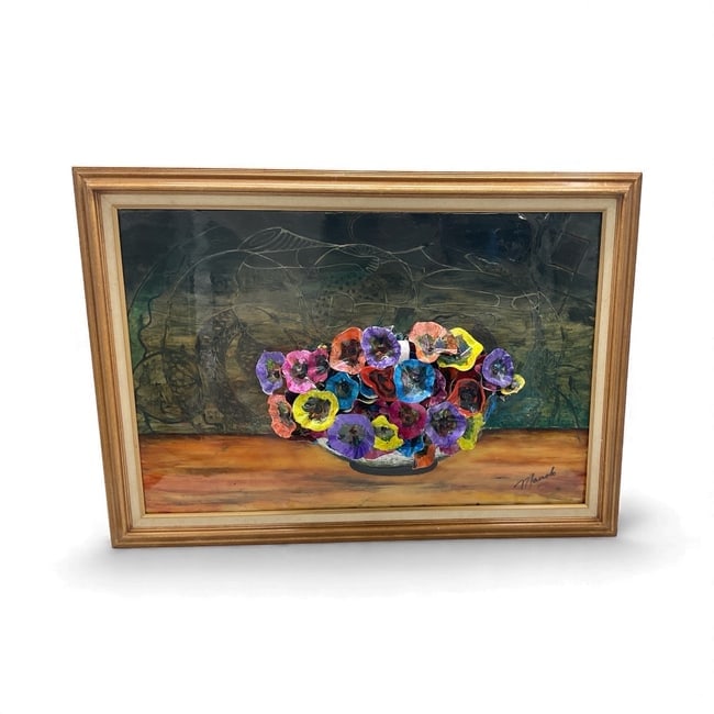 Monolo Nunez – Floral Still Life: Vibrant mixed media floral still life featuring a colorful bouquet in a bowl against a dark textured background. Created by Cuban artist Monolo Nunez and signed lower right.