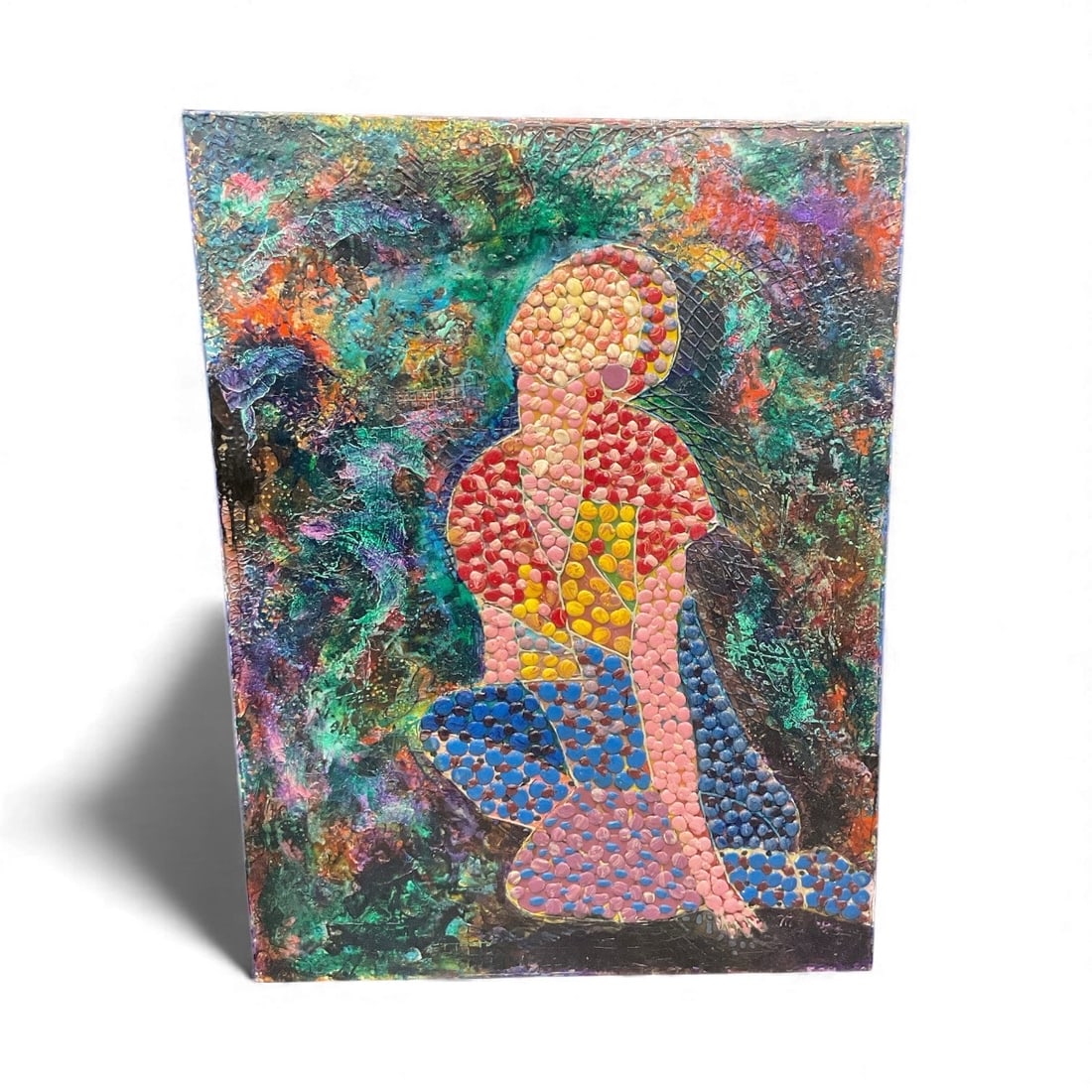 Manolo Nunez – Abstract Seated Figure: Colorful abstract composition depicting a seated figure formed using small pieces arranged in mosaic style over a textured multicolor background.Medium: S