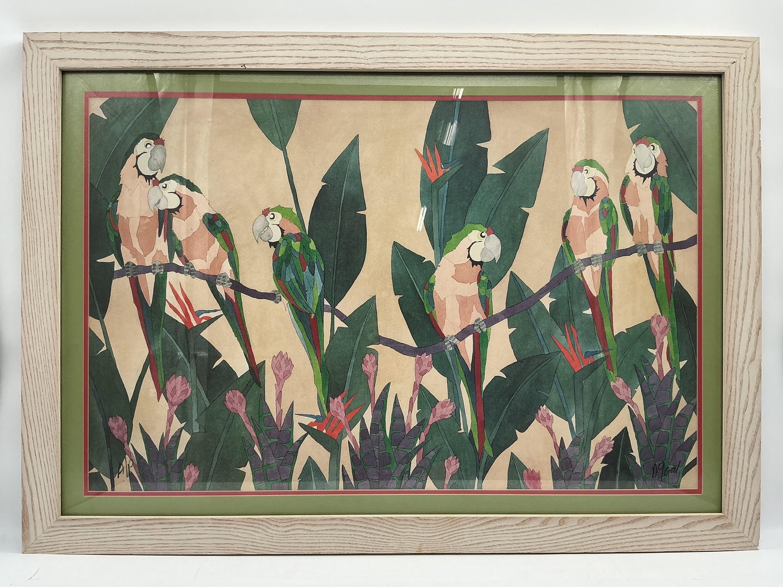Birds of Paradise by Dan Goad (American, b.1952) Serigraph with Sales Receipt: Description: A vibrant tropical composition depicting a group of parrots perched on branches amid large leaves and exotic flowers. The birds are rendered in bold, geometric shapes with layered colors,