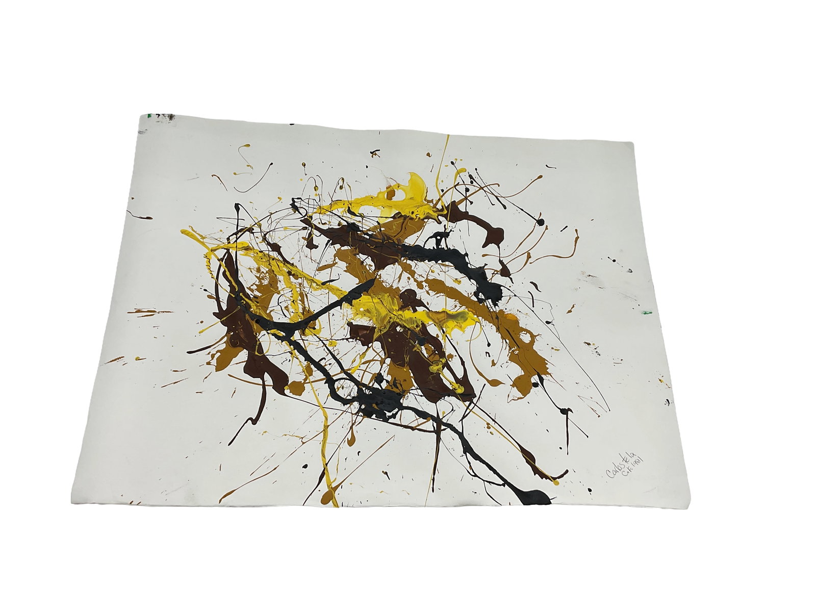 Abstract Ink and Color Composition by Carlos Felix (American, 20th Century), 1981: Vibrant abstract composition by Carlos Felix, dated 1981. This work expands on the artist’s gestural style with dynamic black ink splashes combined with energetic applications of yellow and ochr