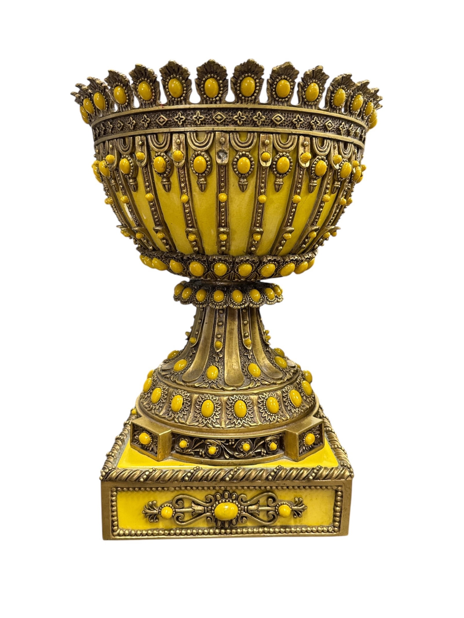 Ornate Gilt Metal Pedestal Bowl with Jewel Decoration: Highly decorative gilt metal pedestal bowl featuring elaborate raised detailing and jewel-like cabochon accents throughout the body and rim. The bowl is richly ornamented with repeating floral and geo