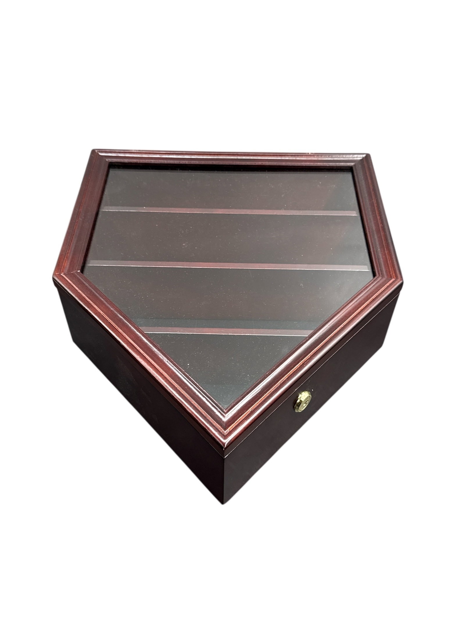 Wood and Glass Baseball Display Case: This wood and glass baseball display case is designed to store and showcase multiple baseballs in an elegant, secure manner. Crafted with a dark wood finish and a clear glass top, the case features ti